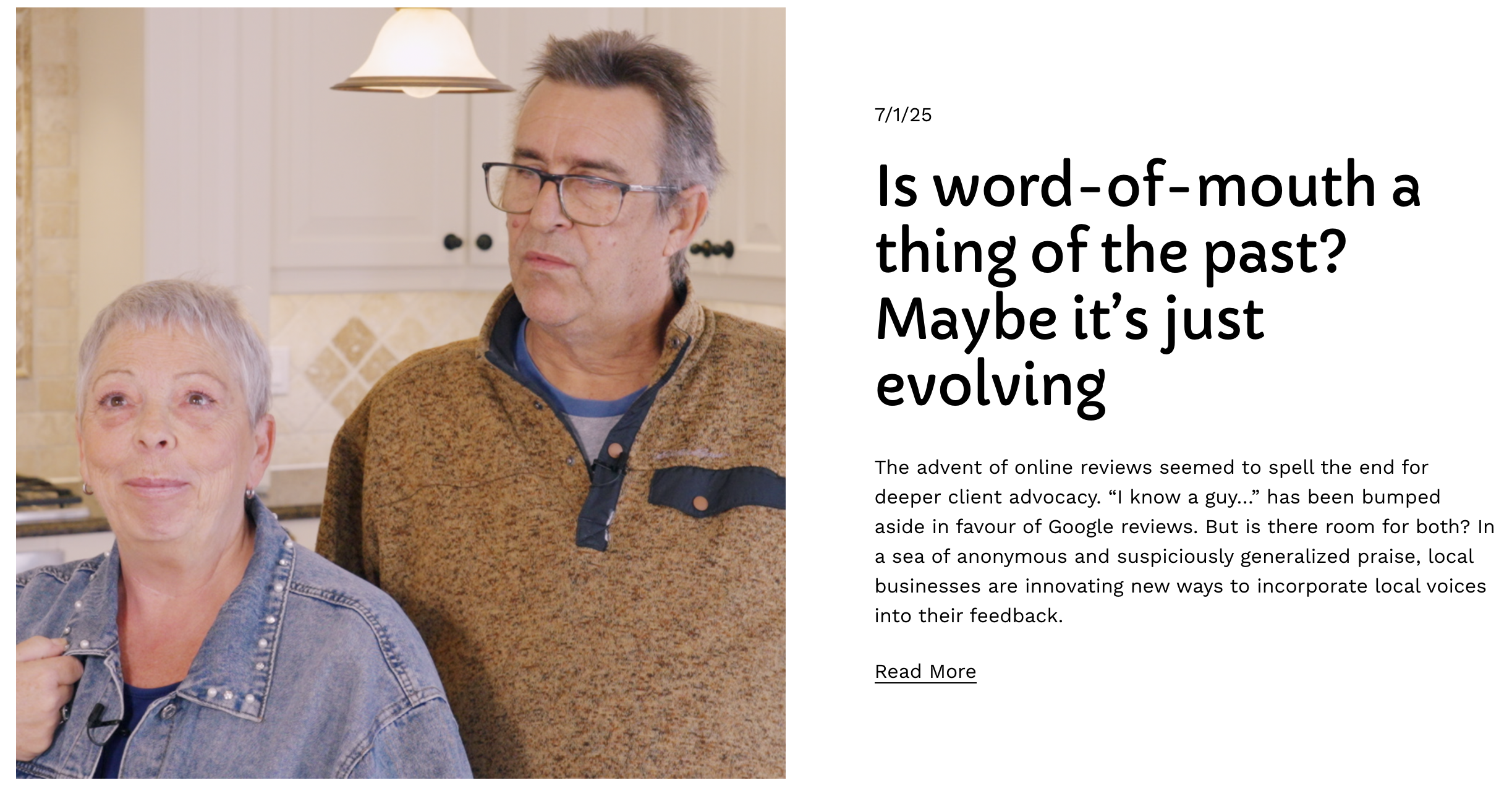 A man and a woman standing in a kitchen, with the man wearing glasses and a brown sweater, and the woman wearing a denim jacket with pearl accents.