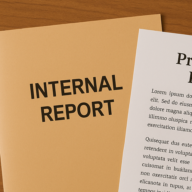 A beige folder labeled "Internal Report" on a wooden surface, partially covering a document with placeholder text.