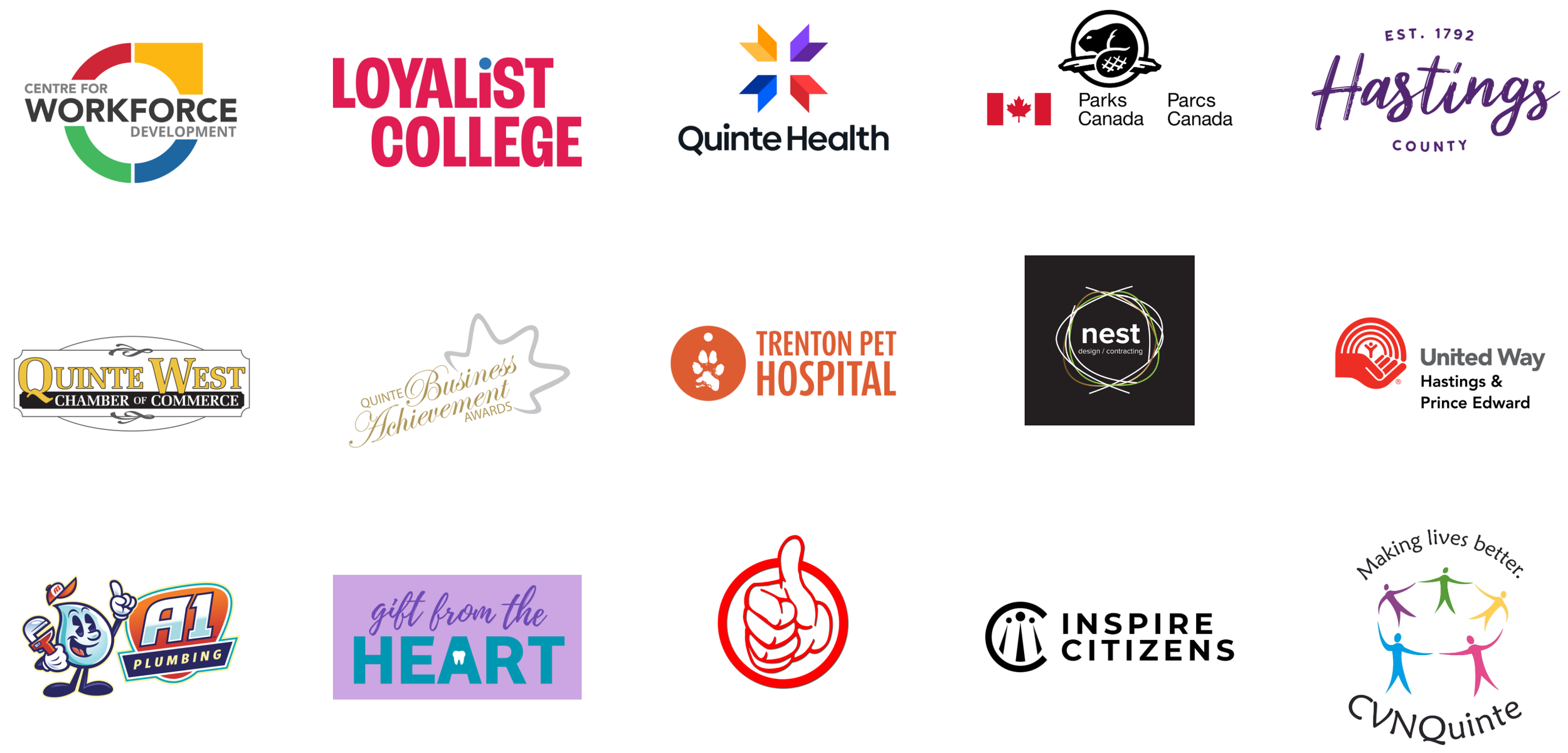 Collection of logos from various organizations and businesses arranged in a grid, including Centre for Workforce Development, Loyalist College, Quinte Health, Parks Canada, Hastings County, Quinte West Chamber of Commerce, Quinte Business Achievement Awards, Trenton Pet Hospital, Nest Design/Contracting, United Way Hastings & Prince Edward, A1 Plumbing, Gift from the Heart, Inspire Citizens, and UNQunte, with some logos featuring text, symbols, and graphics.