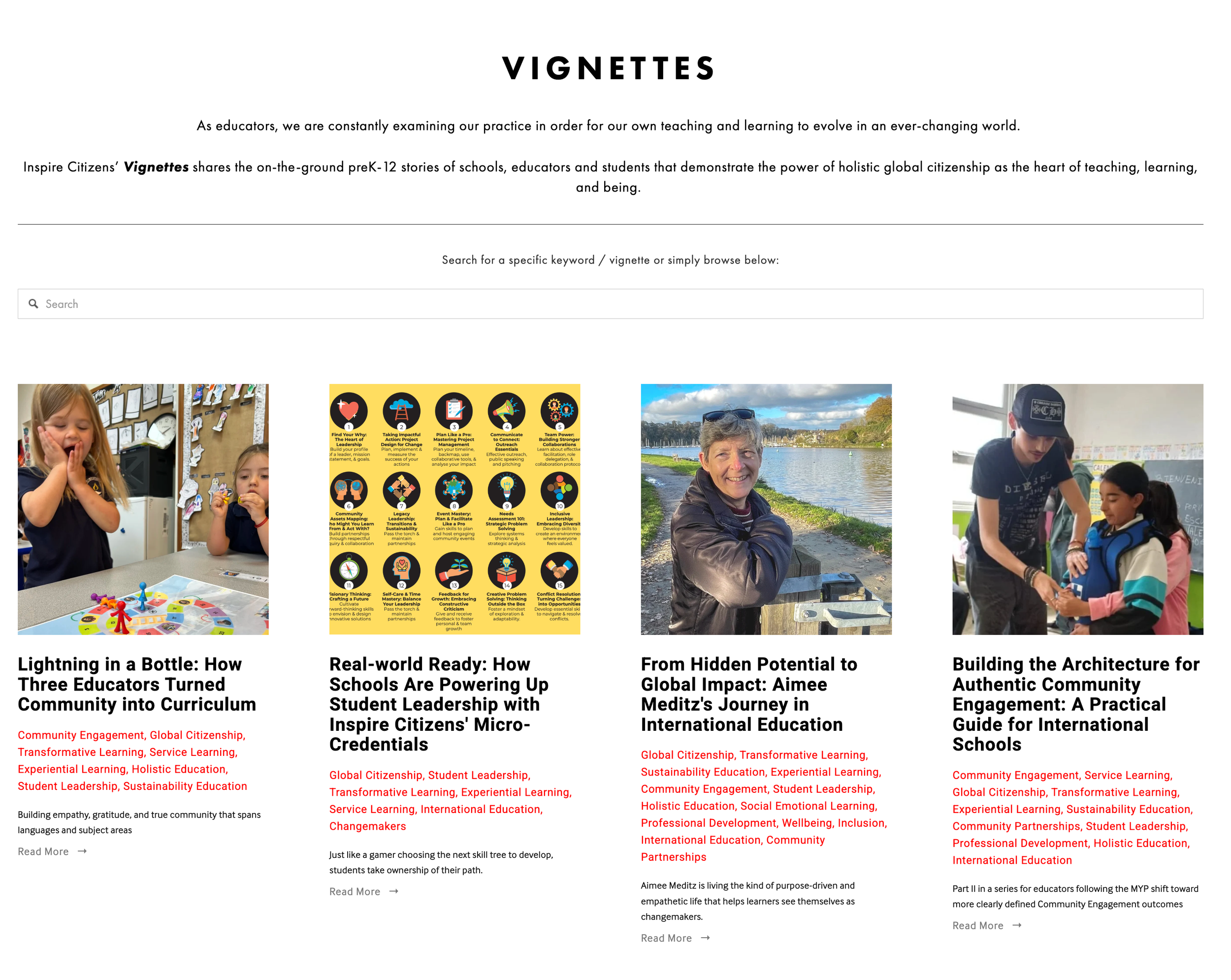 Screenshot of a webpage titled 'Vignettes' with four sections featuring images and articles related to education, community engagement, and global impact, including photos of children, an older woman by a river, and a person assisting a student.