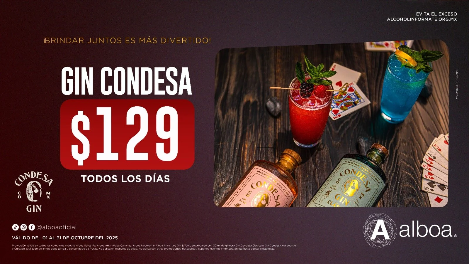Publicidad de ginebra Condesa con dos cócteles y cartas de juego, promocionando un precio de 129 pesos diarios durante octubre 2025.