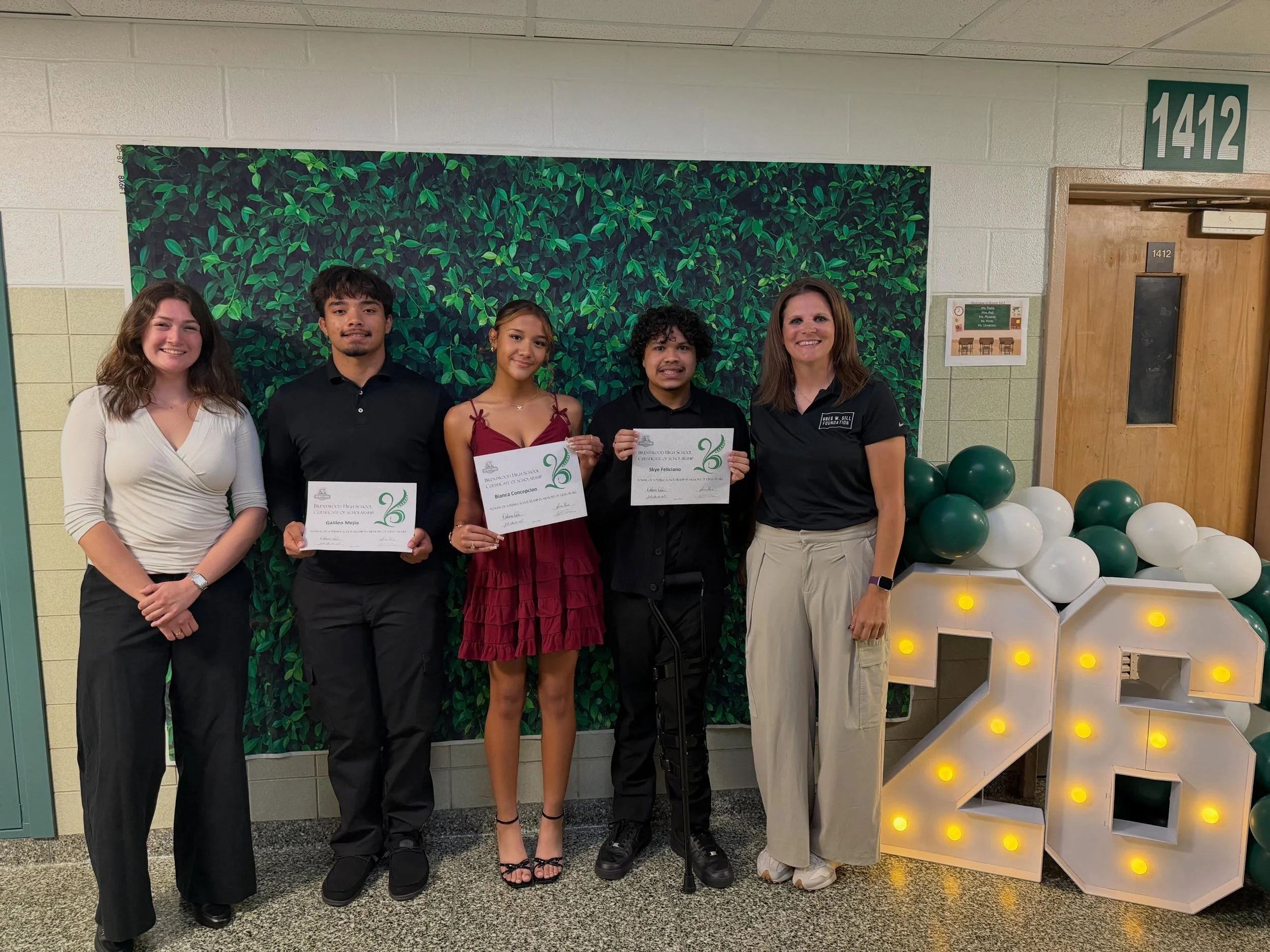 On Monday we presented three deserving seniors with the Greg W. Sill Power of a Pebble scholarship at Brentwood High School.  Presenting at Brentwood always holds a special place for us, as that is where Greg and Elizabeth met 35 years ago. The posit