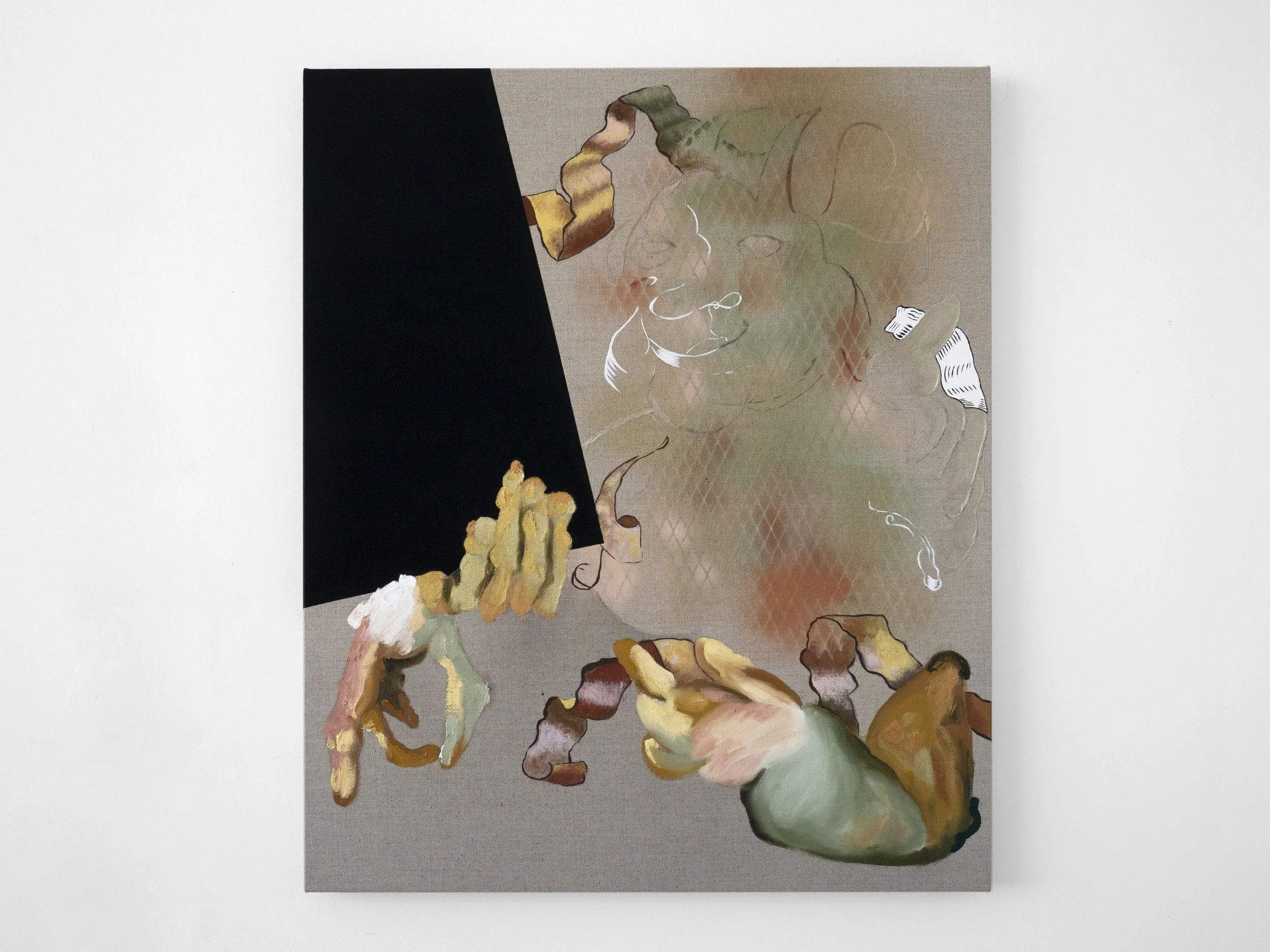   Couple with a Mirror , 2025 
30 x 25 in. acrylic, flashe, and oil on linen