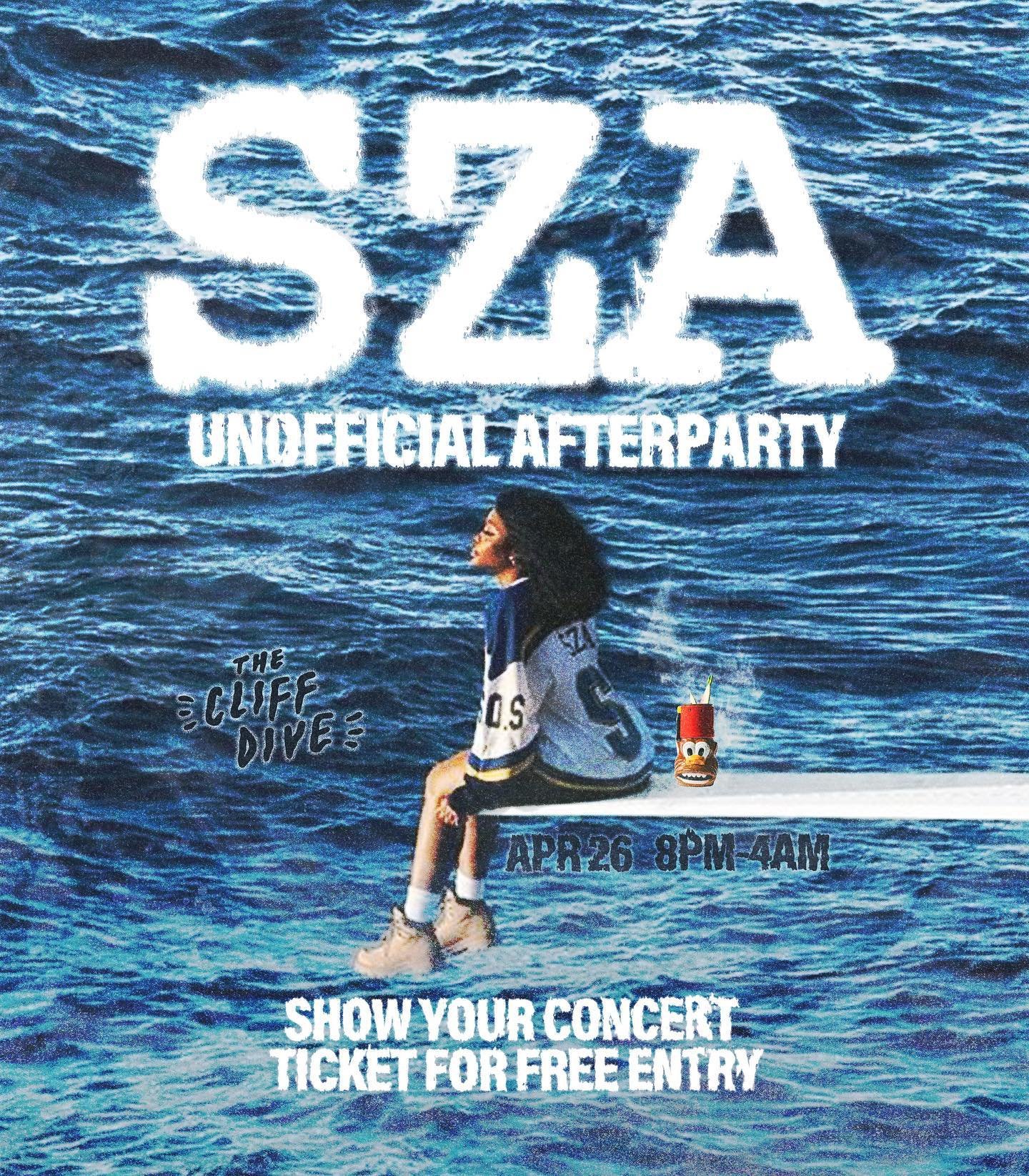 THIS FRIDAY! SZA AFTERPARTY AT #TheCliffDive 🌊🙌🏼 HIP HOP &amp; RNB ALL NIGHT LONG 💯 SHOW YOUR CONCERT TICKET FOR FREE ENTRY!! 😍