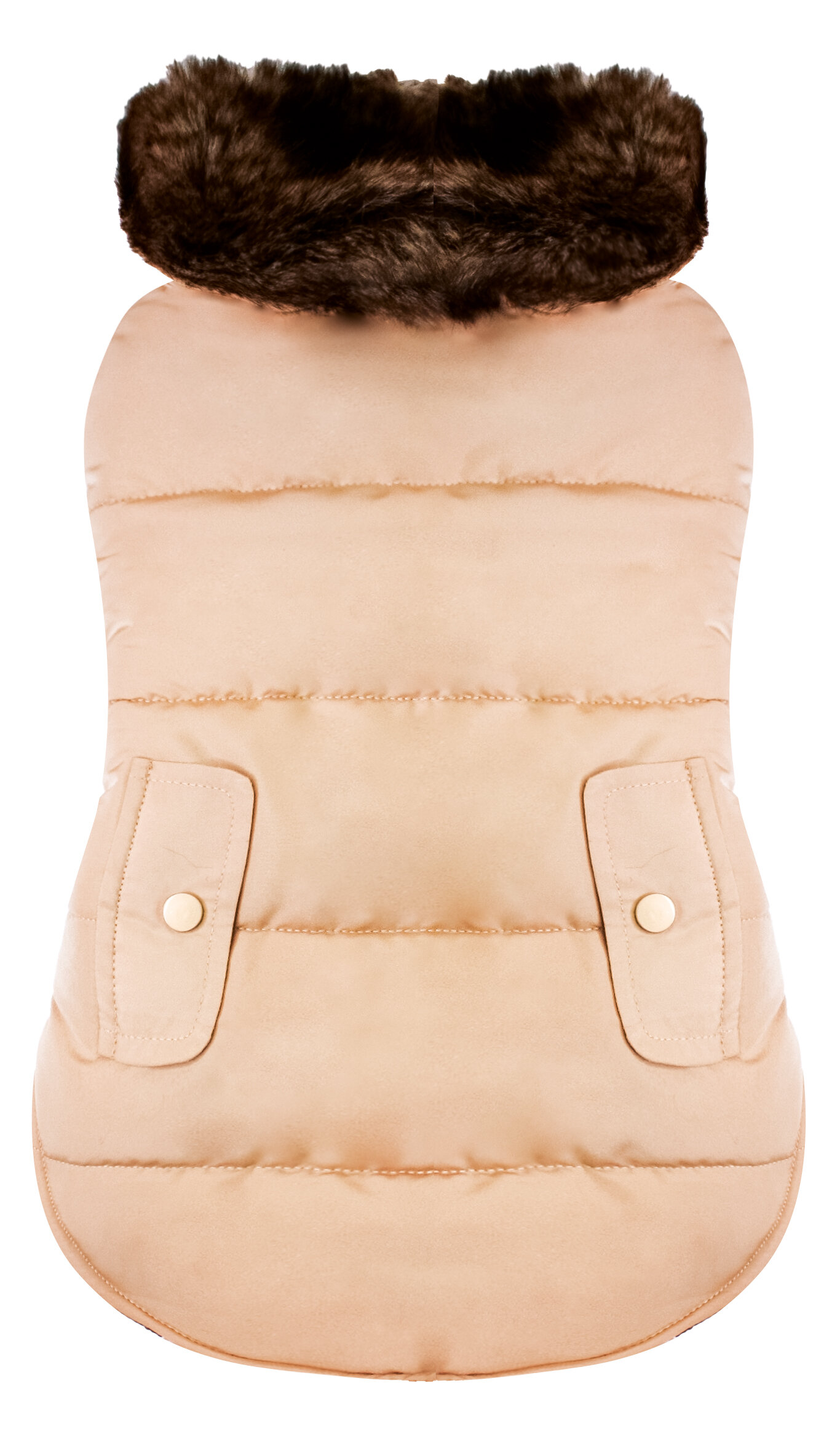 dusty pink puffy dog coat with faux fur trim