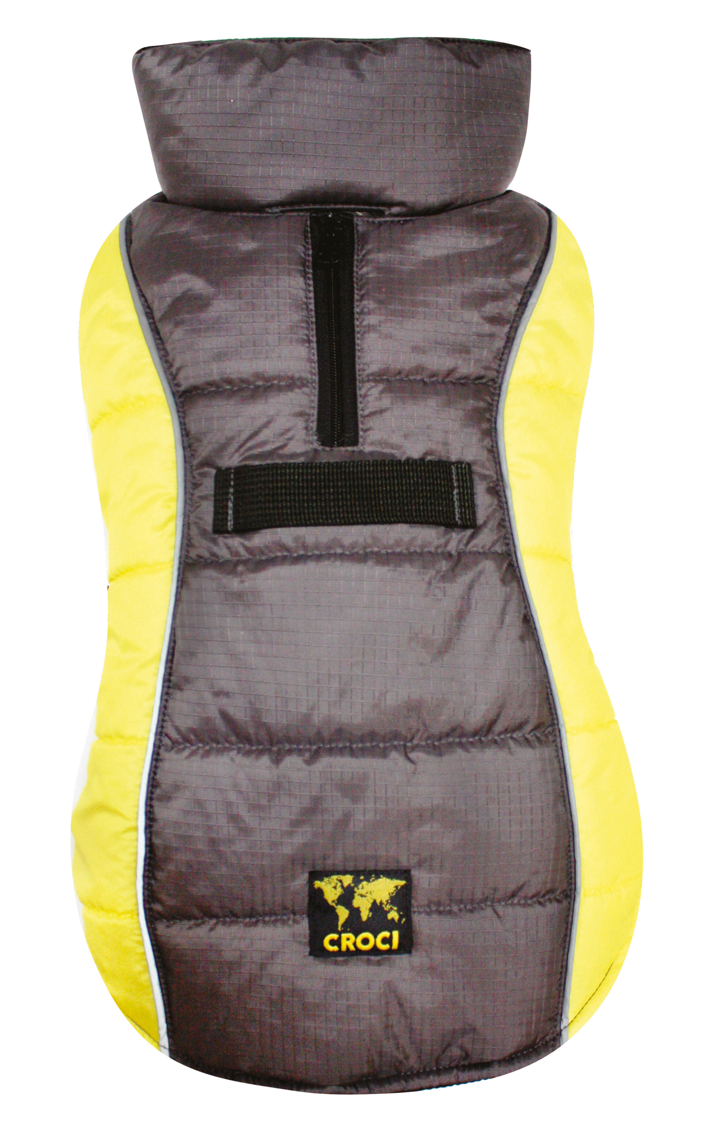 black and yellow puffer dog coat