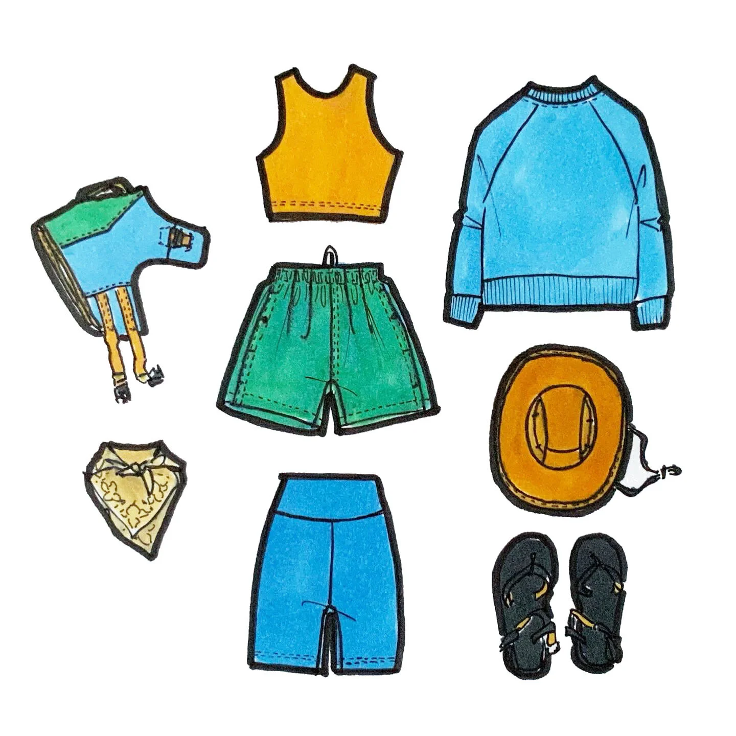 Ruffwear life jacket, vintage bandana, Athleta Align Crop, REI 90s vintage Super Short, Lululemon Align Shorts, vintage crew, Outdoor Research Seattle Sombrero, Teva Original Sandals