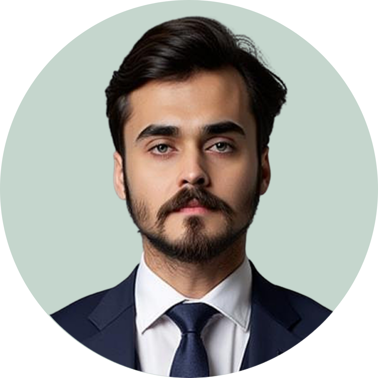 A young man with dark hair, a beard, wearing a navy suit, white shirt, and navy tie, looking directly at the camera with a neutral expression, against a light green background.