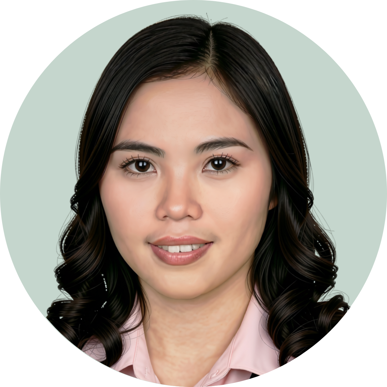 A woman with long dark hair styled in loose curls, wearing a light pink blouse, smiling softly, against a light green background.
