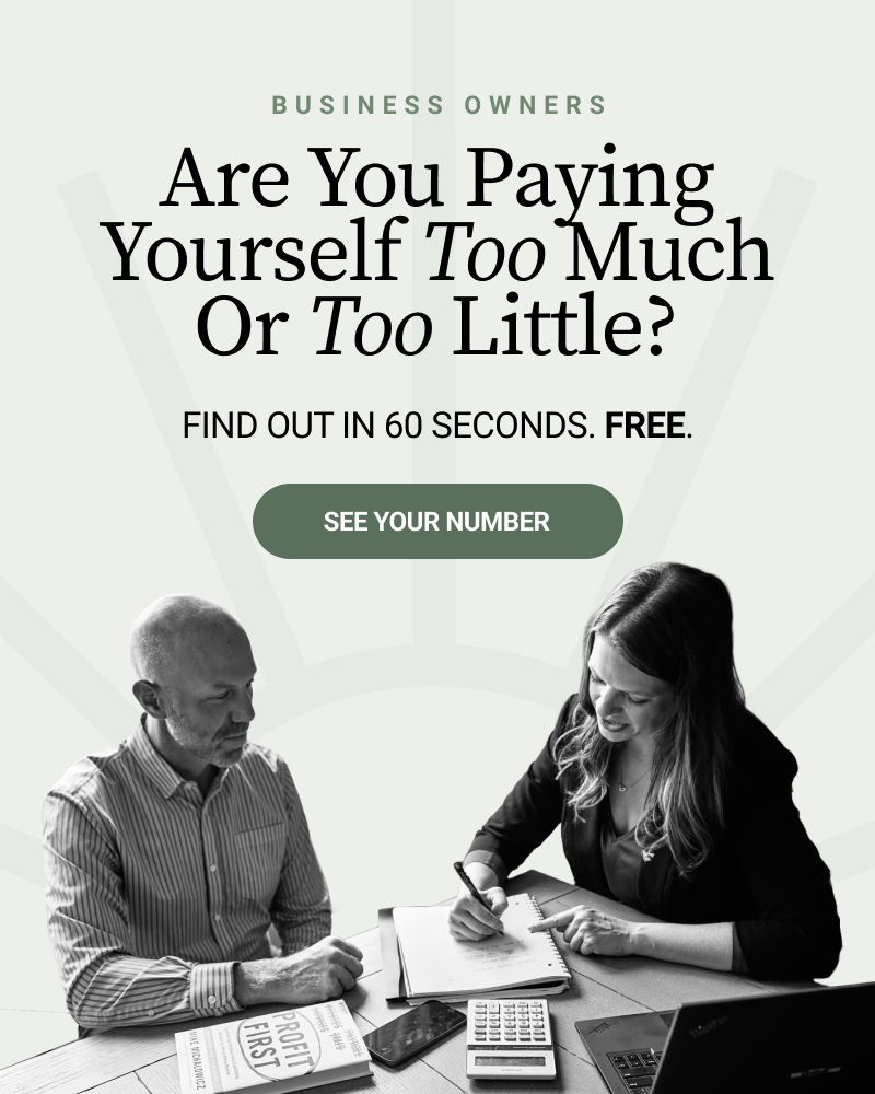 Black and white photo of two business people working together at a desk, with documents, calculator, smartphone, and laptop, promoting a free 60-second self-assessment for business owners.