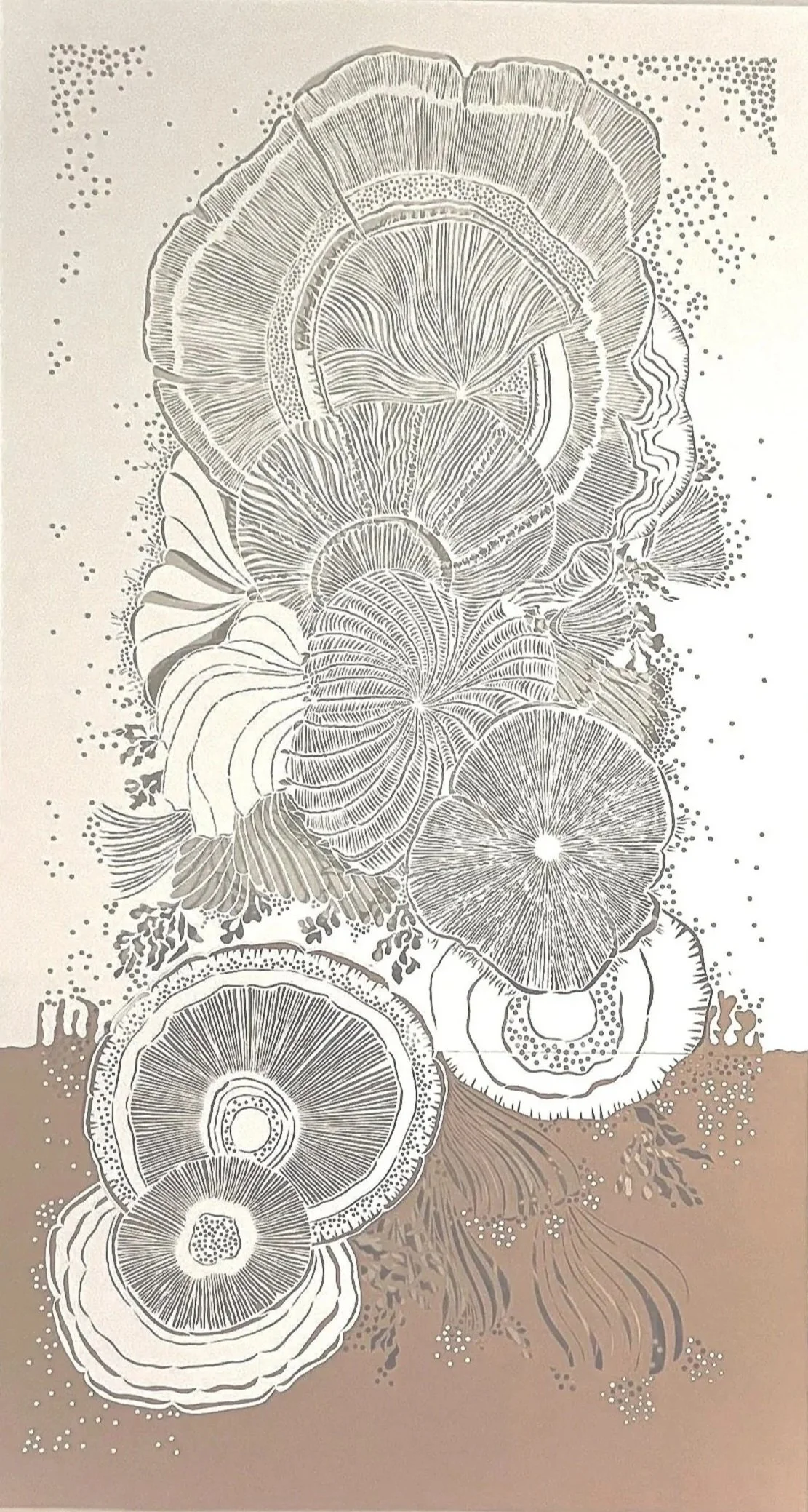 A collage of textures derived from mushrooms, handcut on paper with dots and abstract patterns.
