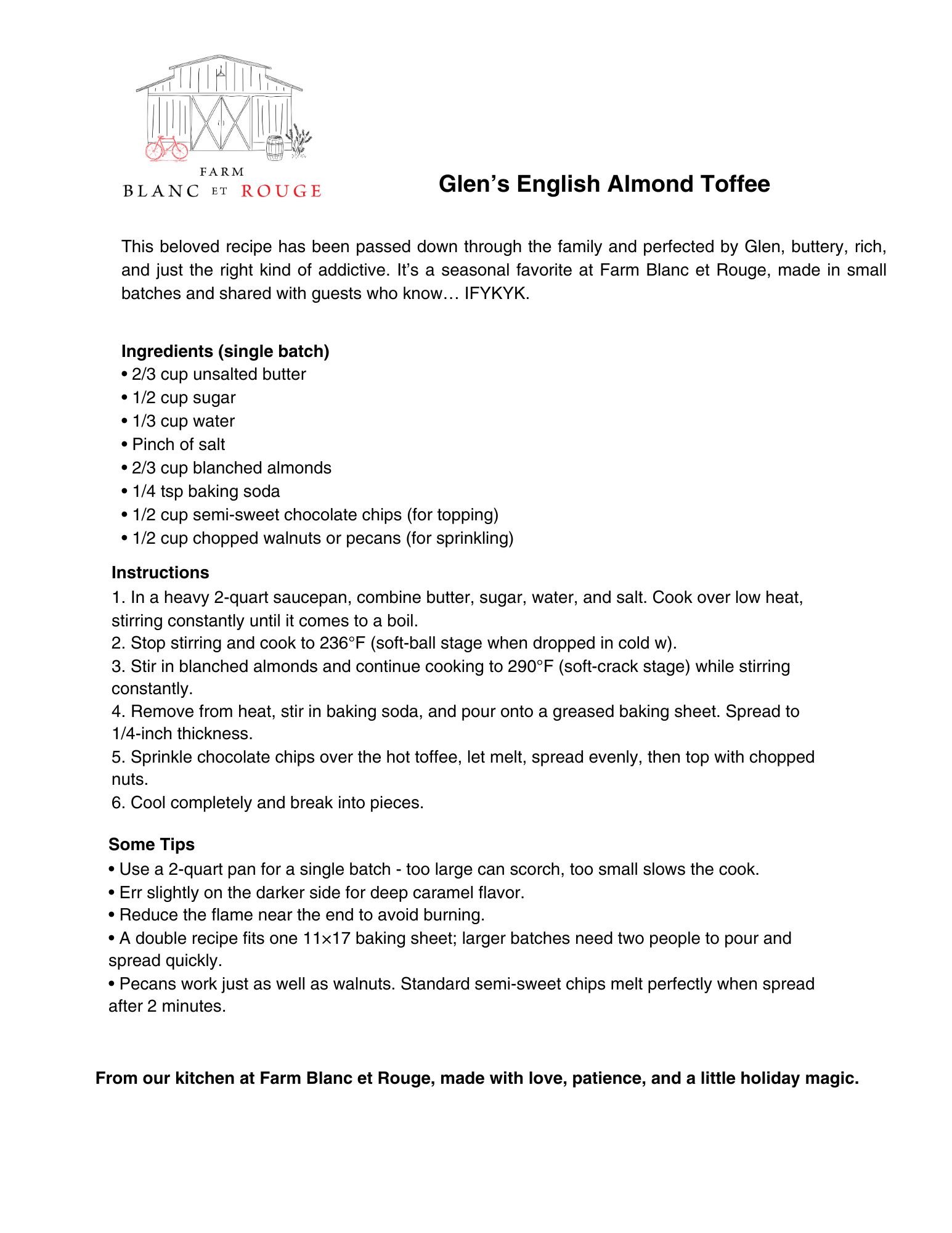Recipe for Glen's English Almond Toffee from Farm Blanc et Rouge, with ingredients and instructions.