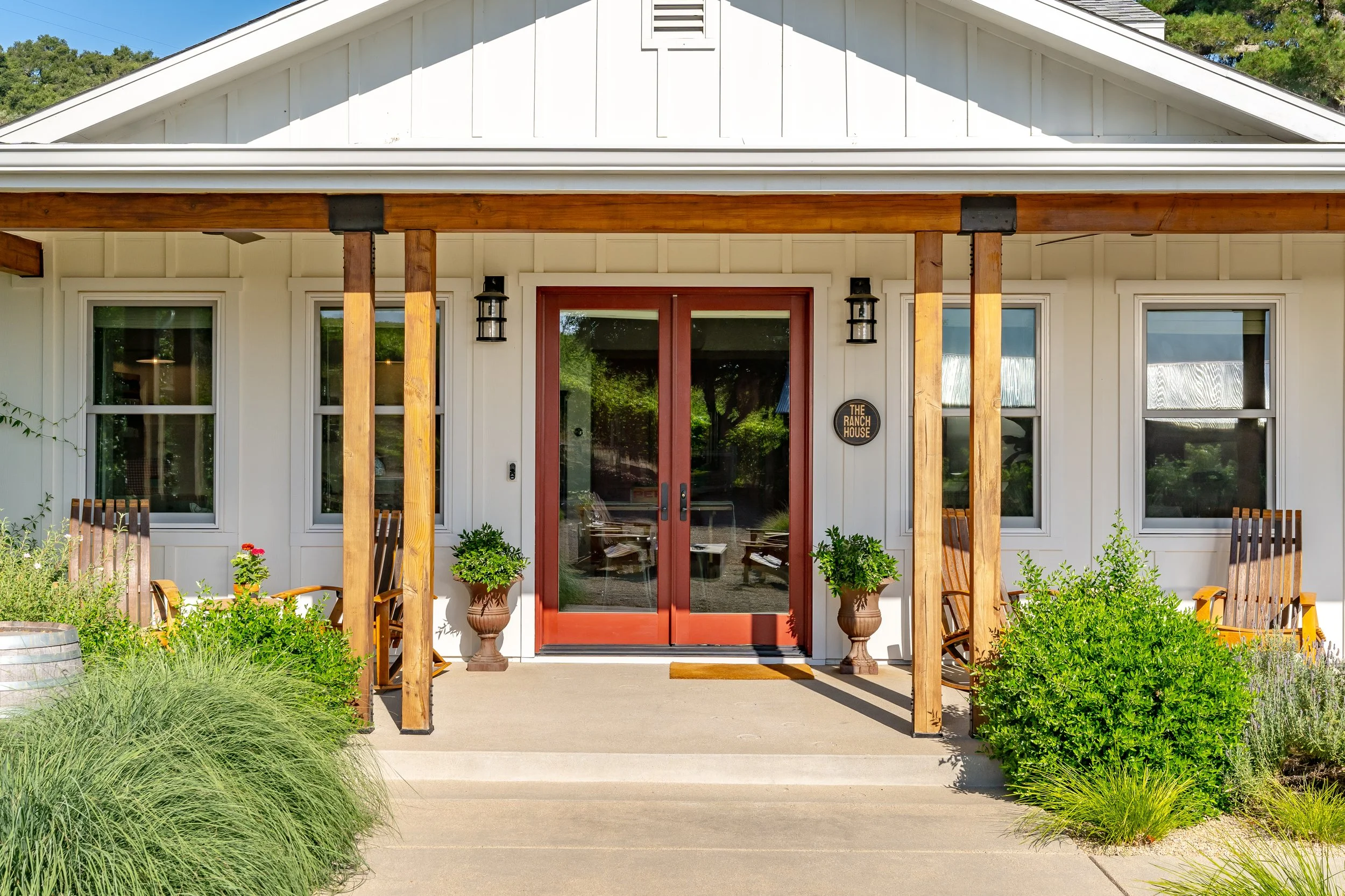 Welcoming front entry of The Ranch House at Farm Blanc et Rouge in Paso Robles, featuring rustic design details and farmhouse character.