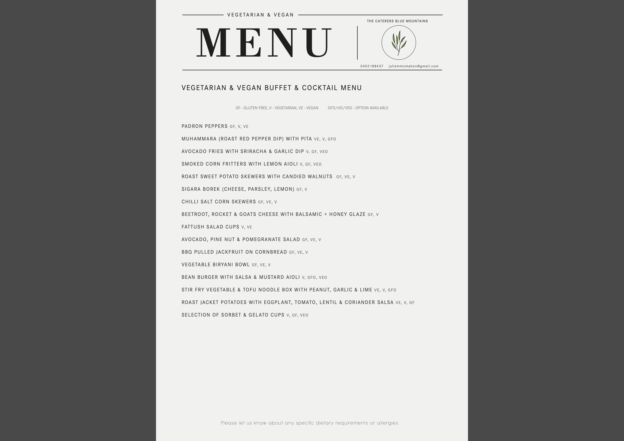 Vegetarian & Vegan Menu