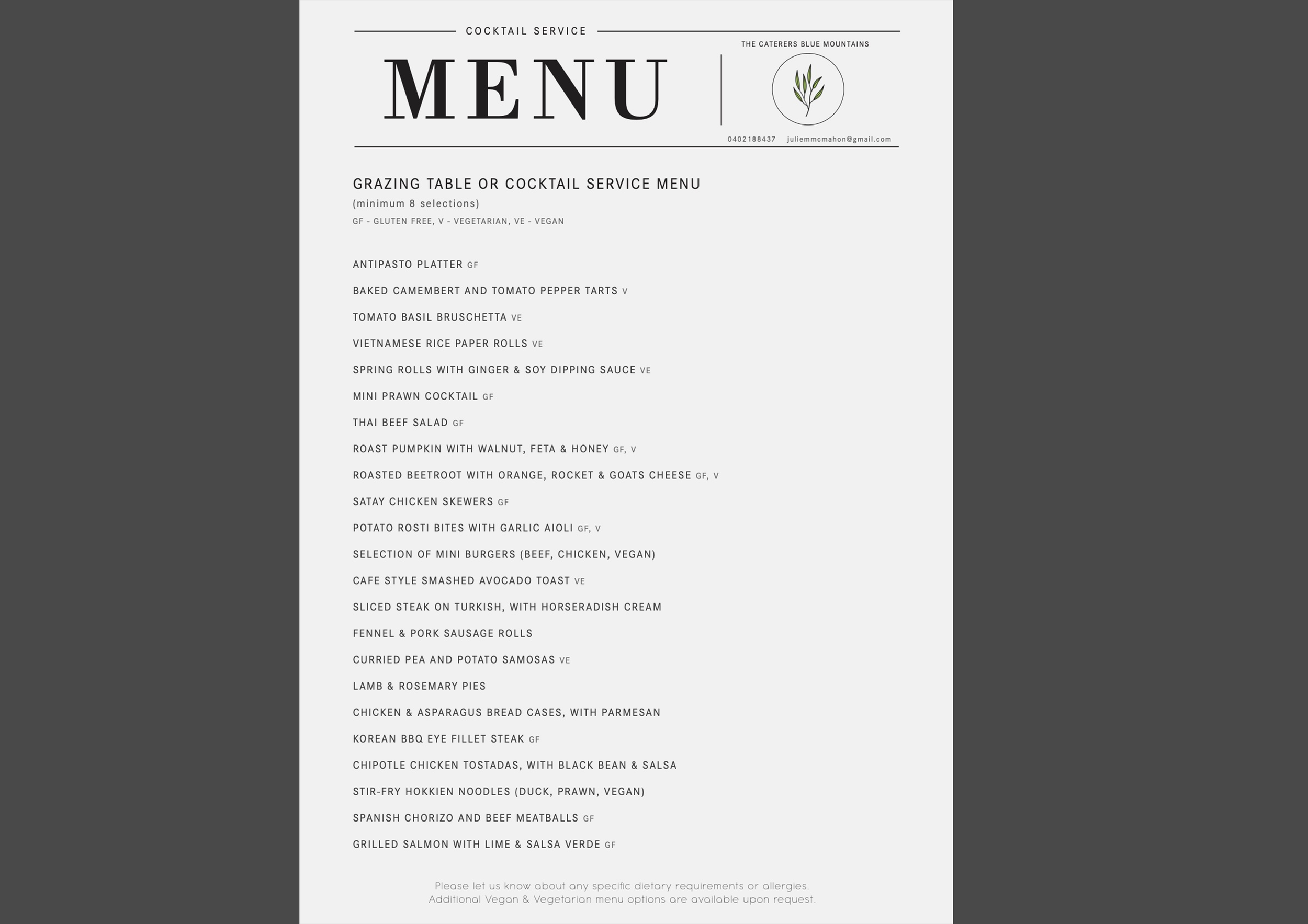 Cocktail Service Menu