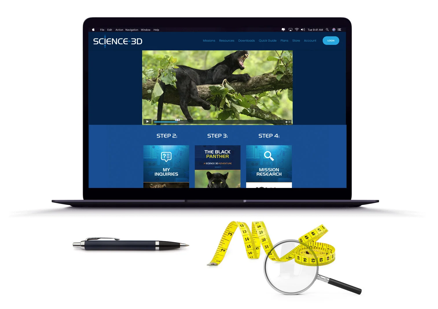 Laptop displaying a website with a black panther on a tree branch, measuring tapes, a pen, and a magnifying glass placed in front of it.