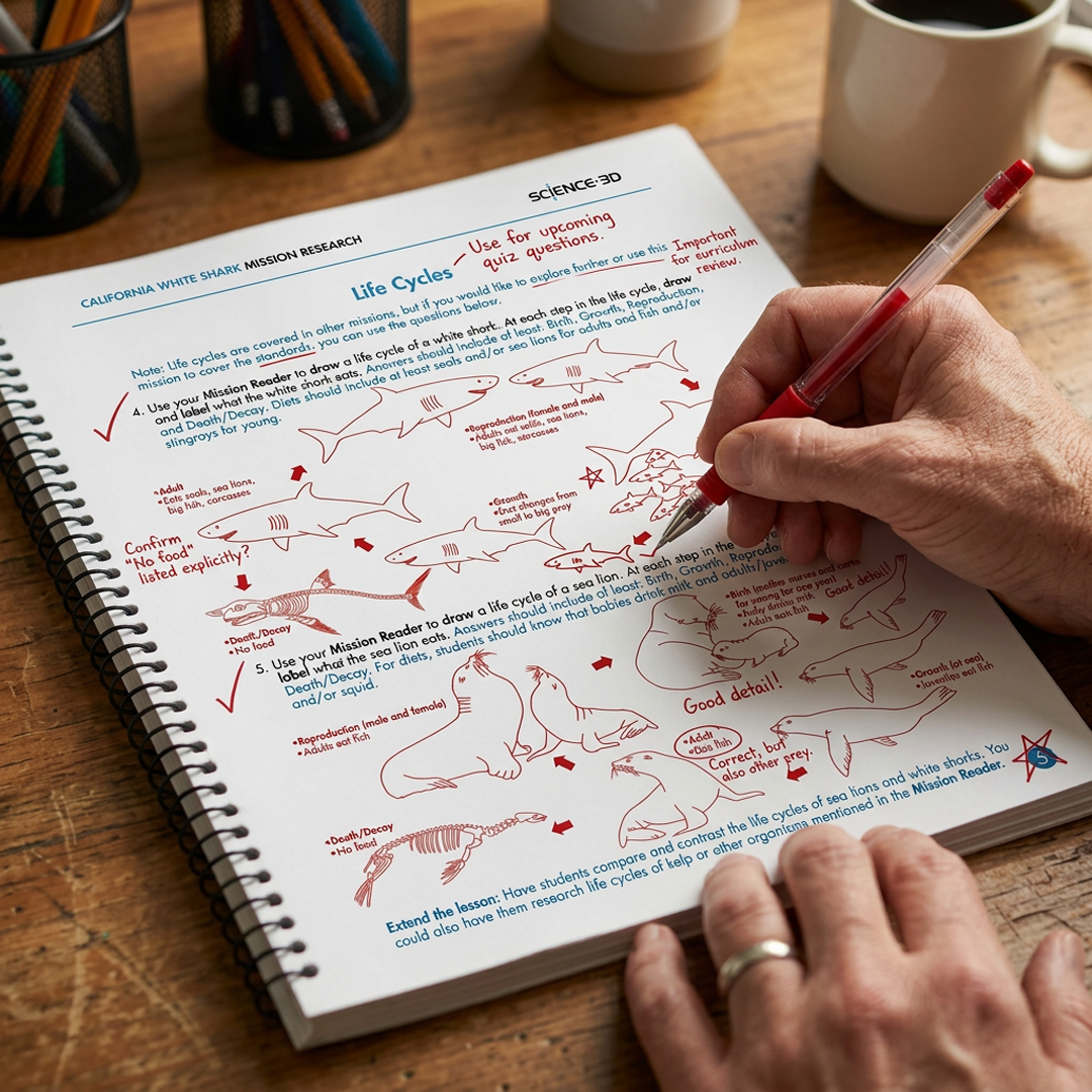 A person is drawing a diagram of a white shark's life cycle on a worksheet with red ink, surrounded by pencils and cups on a wooden table.