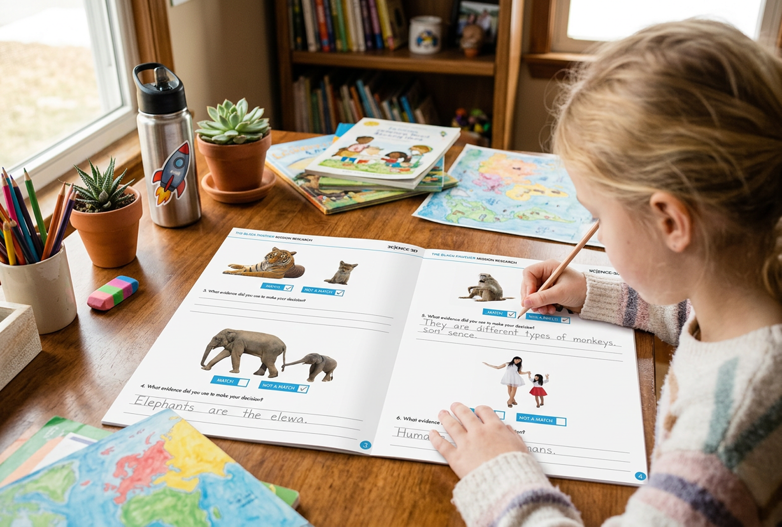 A young girl is doing a worksheet about animals at a wooden desk near a window. The worksheet features images of an elephant, a monkey, and a human, with options to mark match or not match, and handwritten answers. The desk has potted plants, colorful pencils, an eraser, magazines, and a water bottle with a rocket sticker. A bookshelf with books and a world map are in the background.