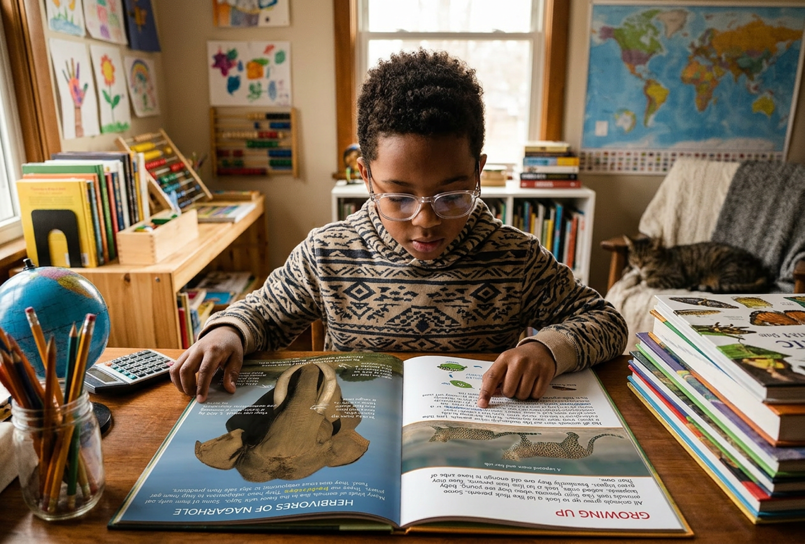 A young boy with glasses reading a science book about natural history at a wooden desk in a classroom or study room. The desk has a globe, a container of pencils, a calculator, and a stack of books. In the background, children's artwork, a world map, and a cat lying on a sofa are visible.