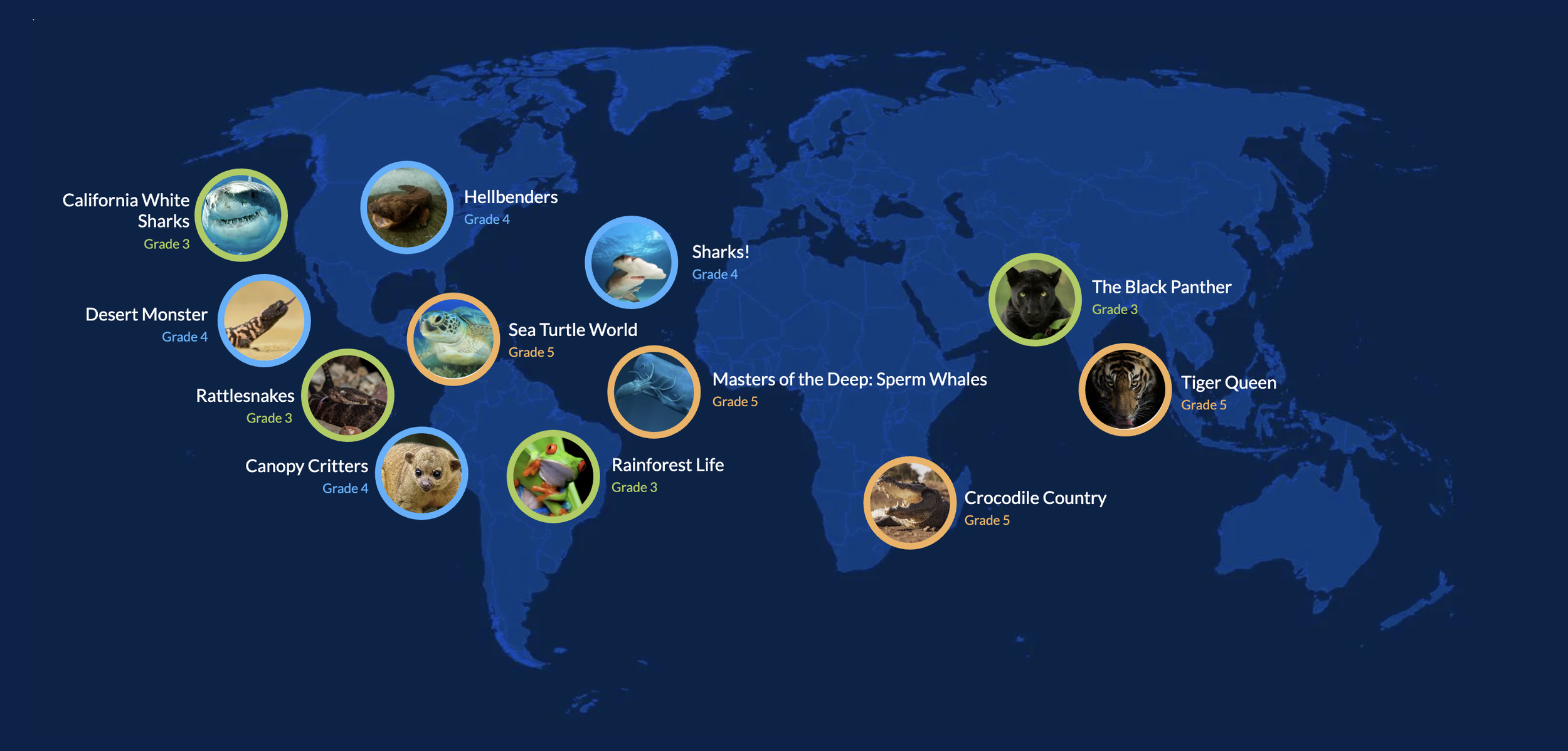 World map with various animals and their grade levels marked in different regions, including sharks, turtles, snakes, frogs, and other wildlife.
