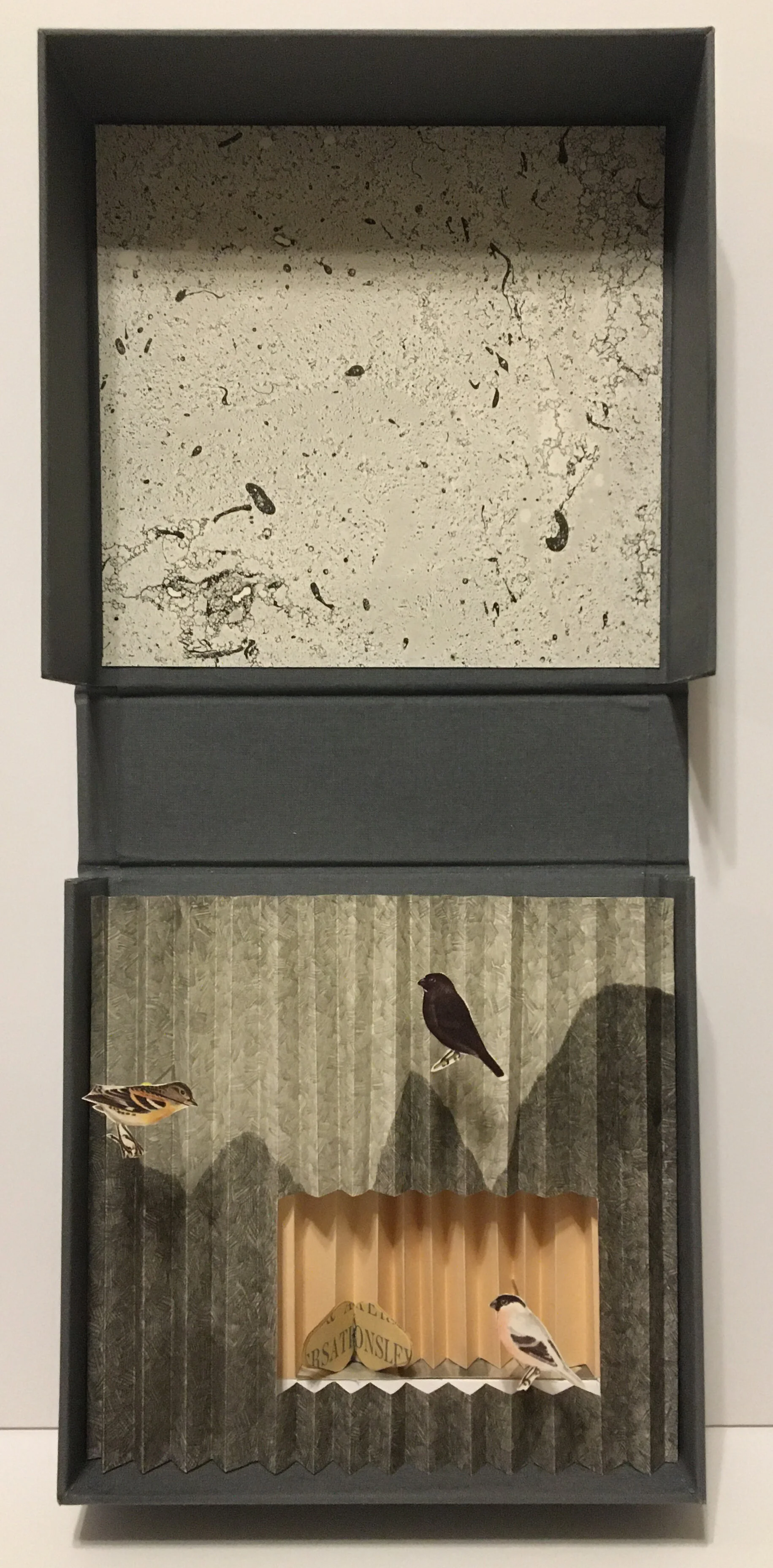Confined to the mountain 1, Clamshell box with lithographs and found papers, 20 x 20 x 5 cm (closed)
