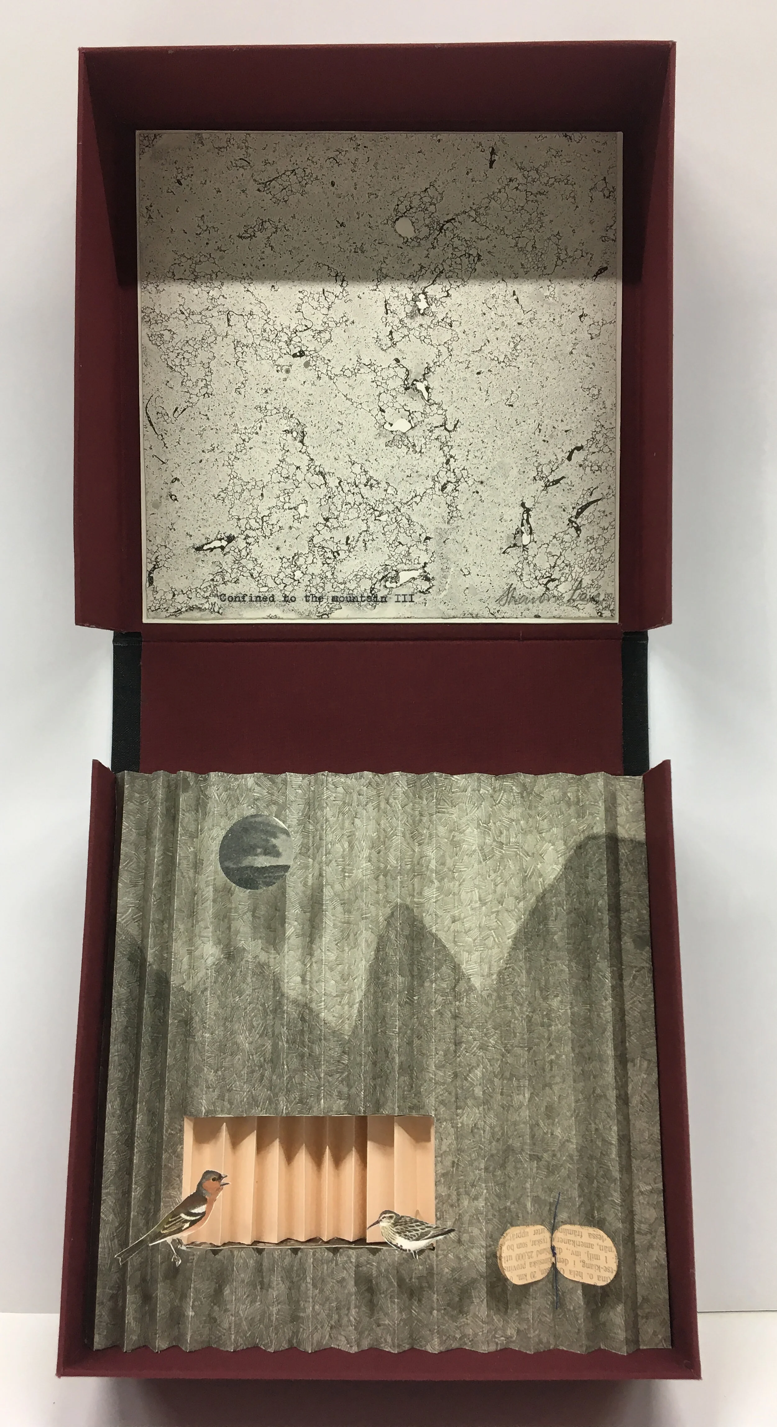 Confined to the mountain 3, Clamshell box with lithographs and found papers, 20 x 20 x 5 cm (closed)