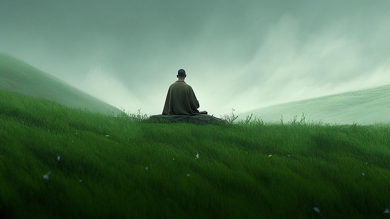 mond meditating with light and shadows symbolising integration of light and dark life after spiritual awakening