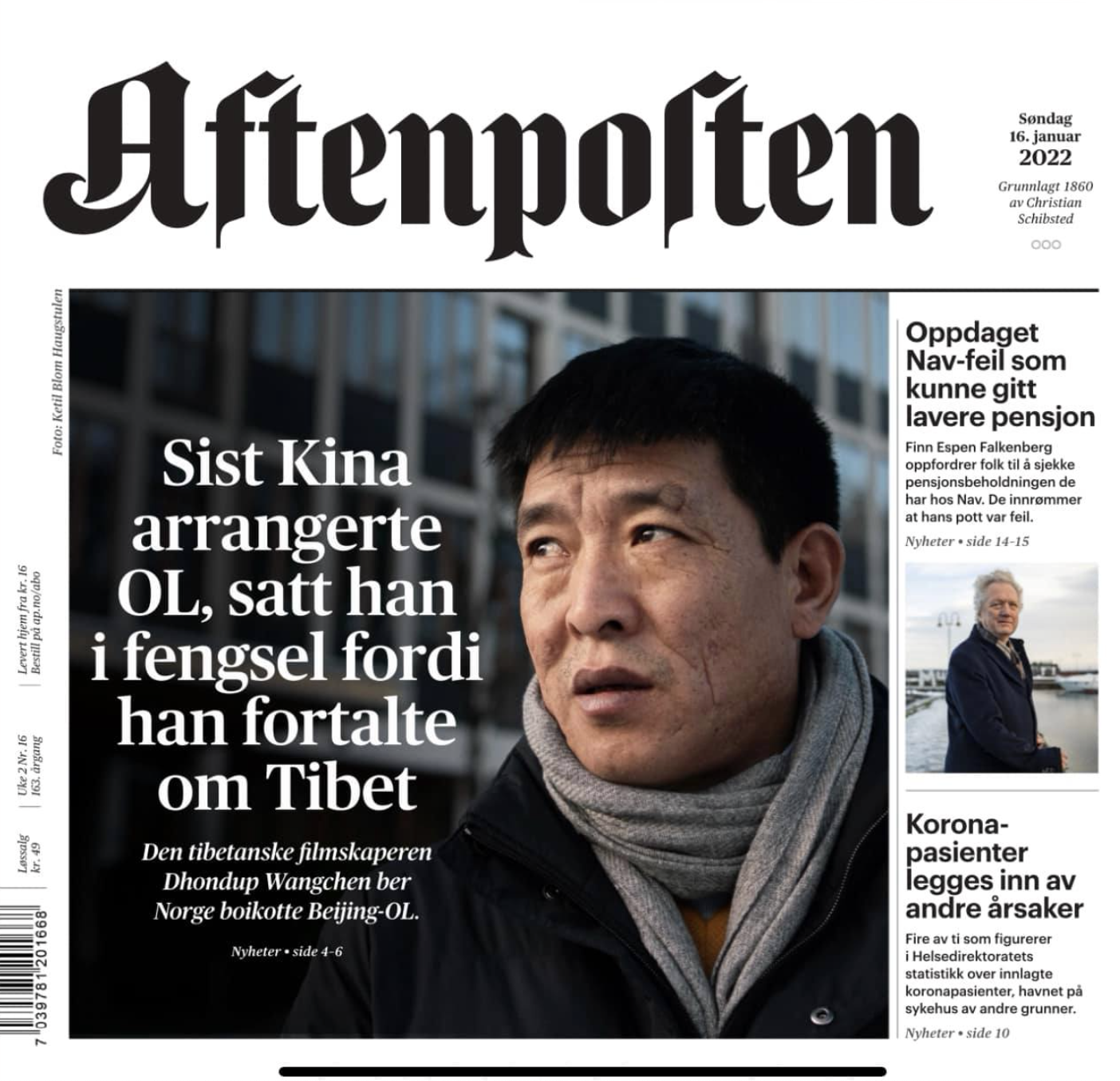 Dhondup Wangchen på forsiden av Aftenposten