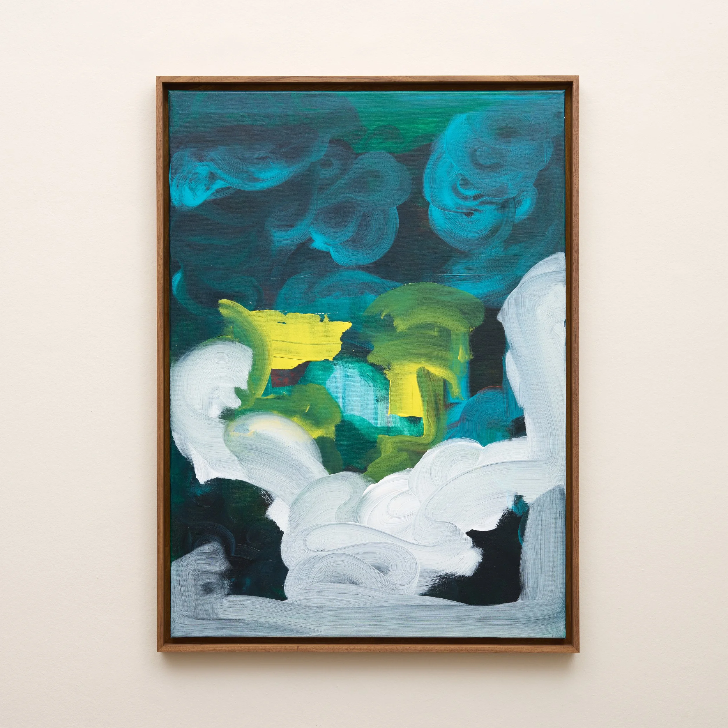 Abstract painting with swirling blue, green, yellow, black, and white colors in a wooden frame on a white wall.