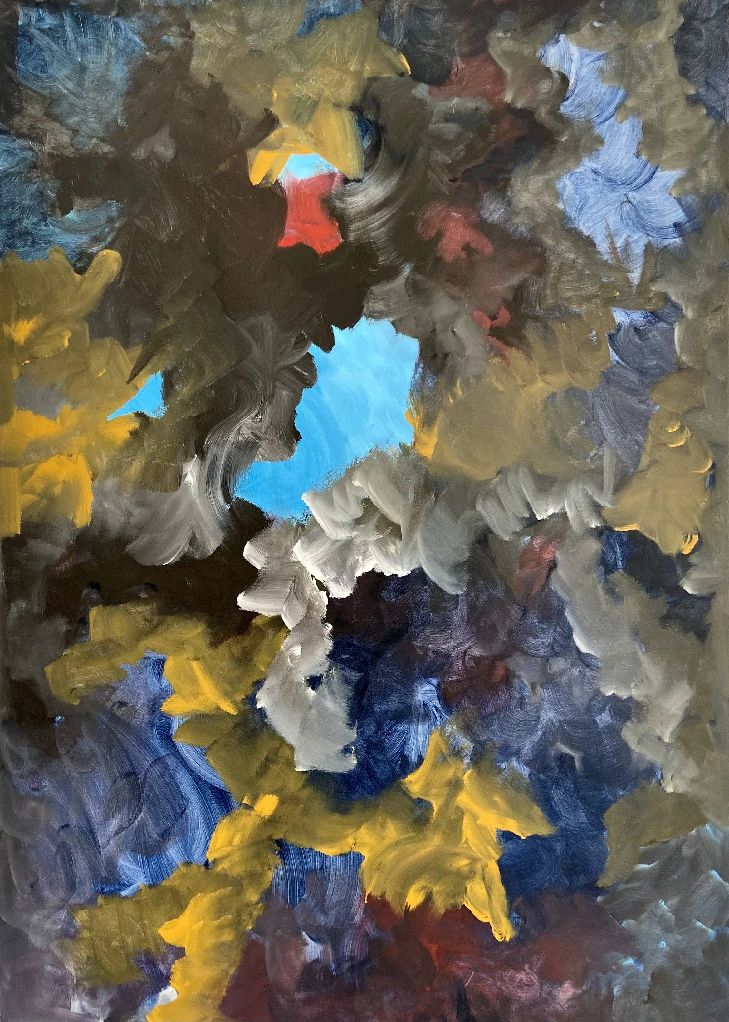 Abstract expressionist painting with swirls and patches of blue, yellow, red, black, gray, and brown colors.