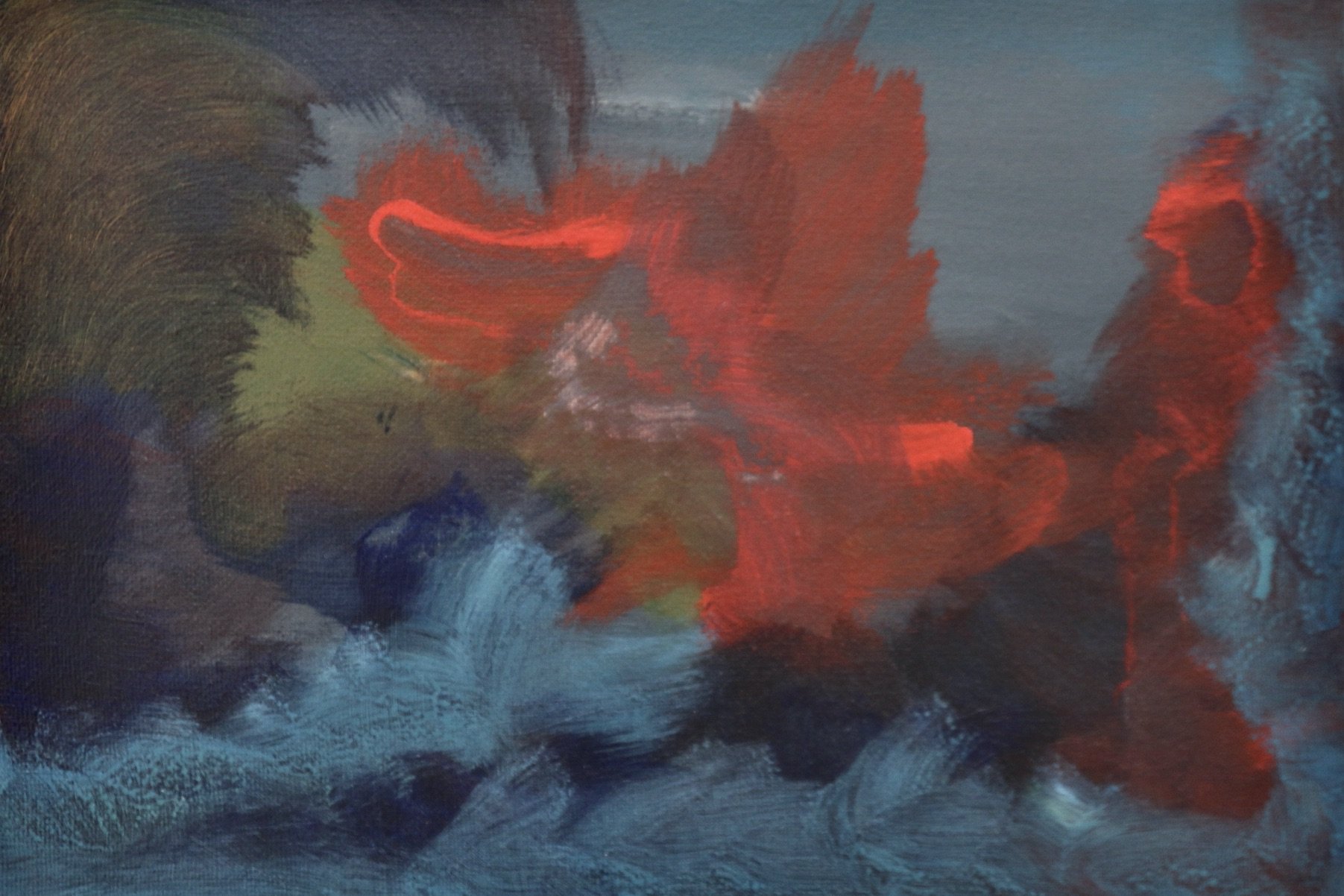 An abstract painting with swirling dark blue, red, black, and hints of green and white colors.