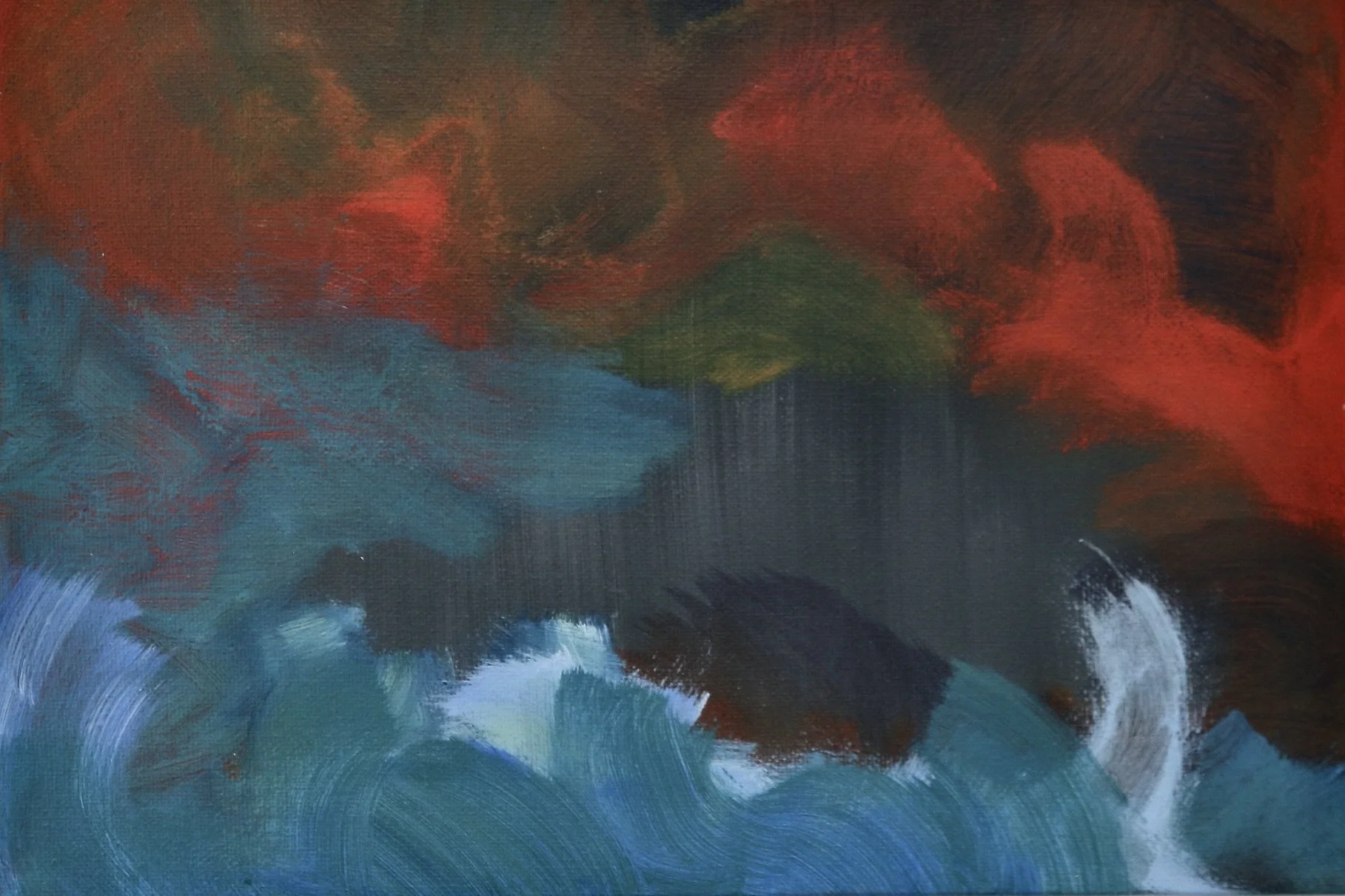 An abstract painting with bold, swirling brushstrokes in shades of blue, black, green, red, and white.