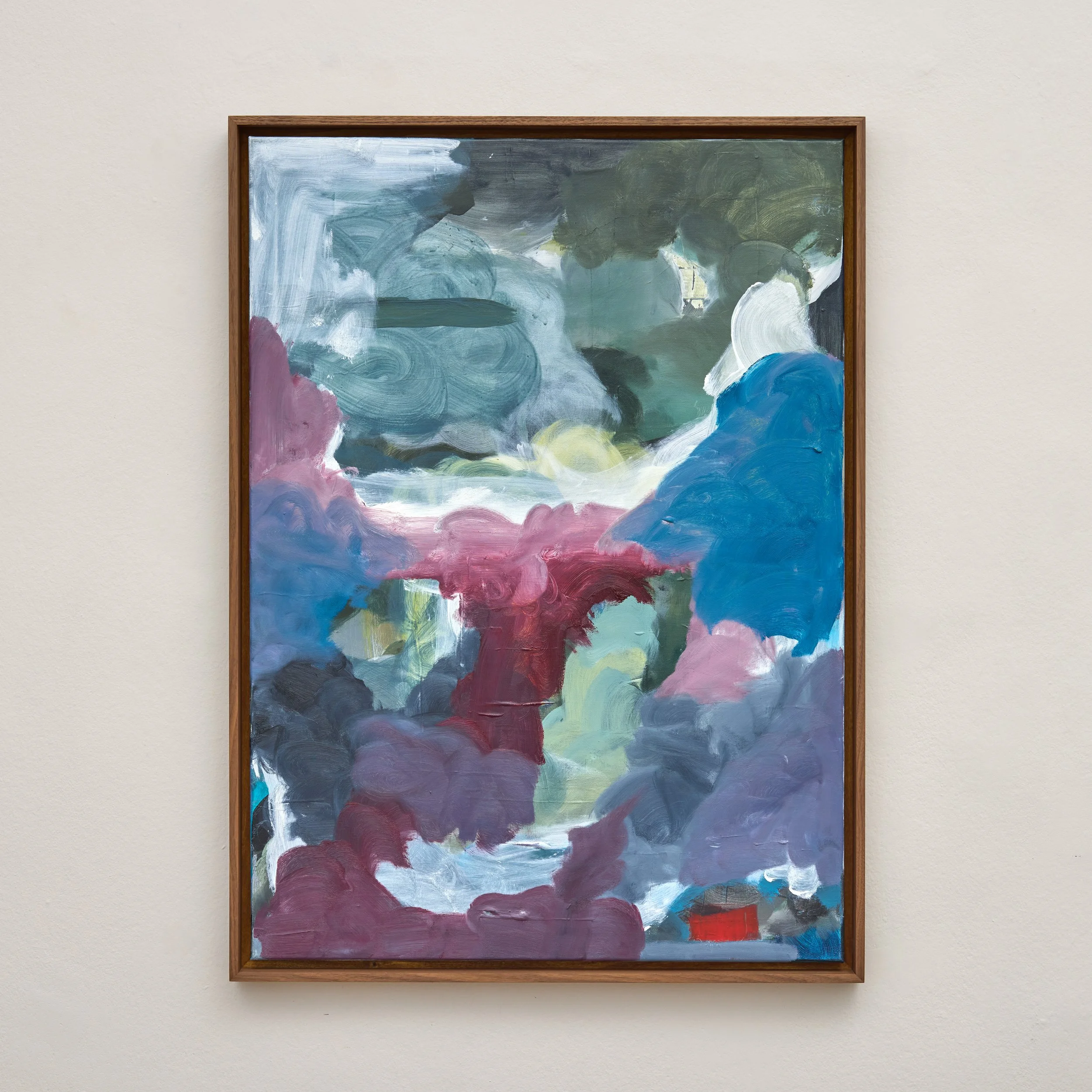 Abstract painting with swirls of blue, green, purple, white, yellow, and black, framed in wood, hung on a white wall.