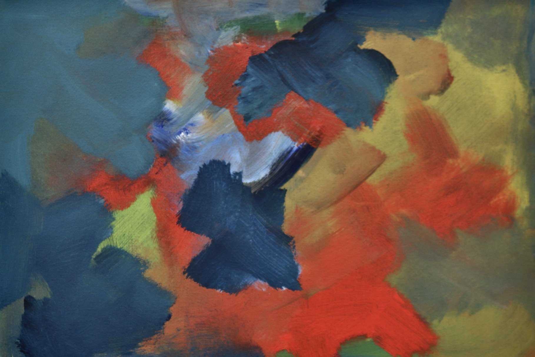 Abstract colorful painting with blue, red, yellow, green, and orange brushstrokes.