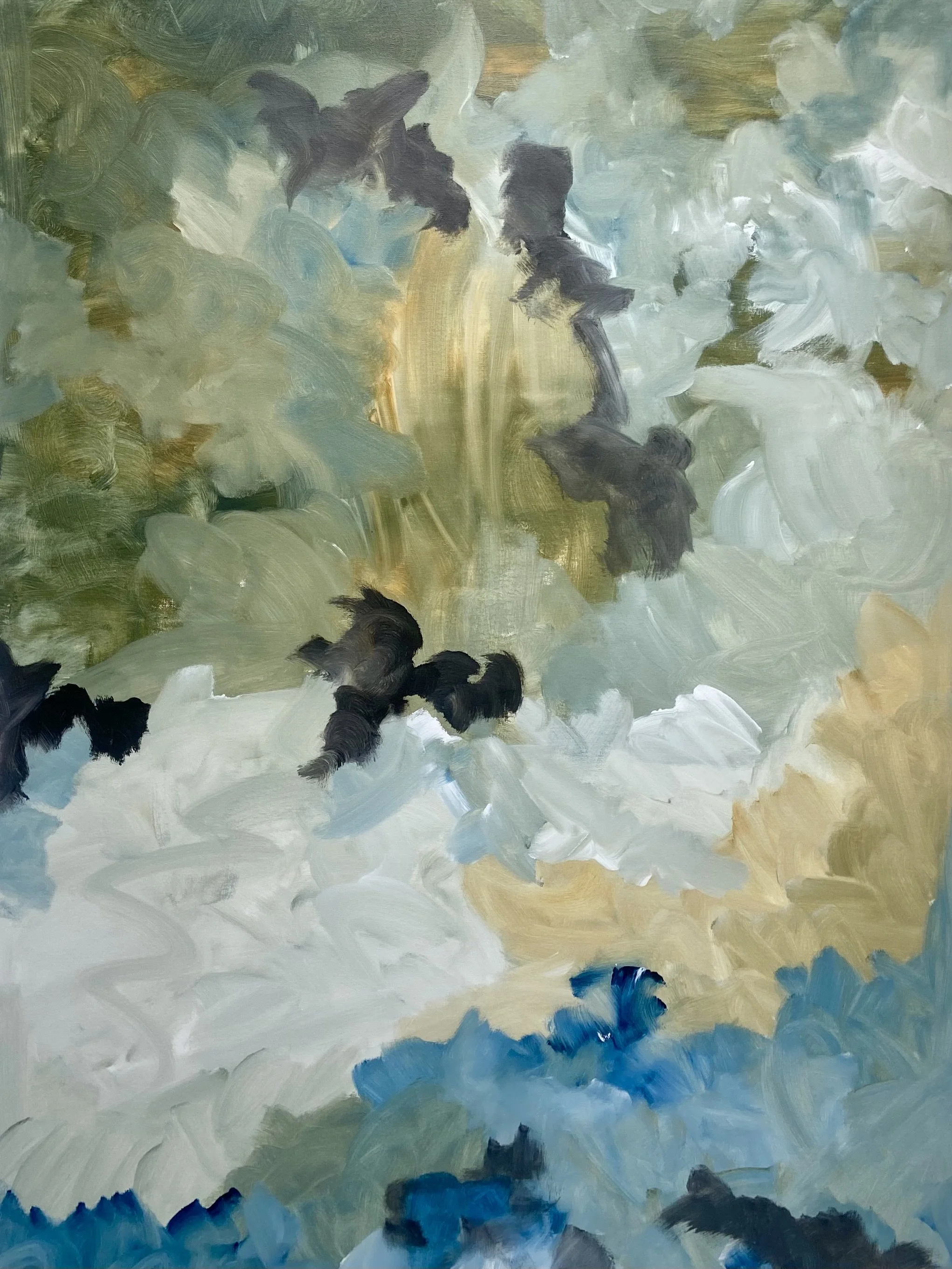 Abstract impressionistic painting with swirling brushstrokes in shades of green, blue, white, black, and hints of yellow and gold.