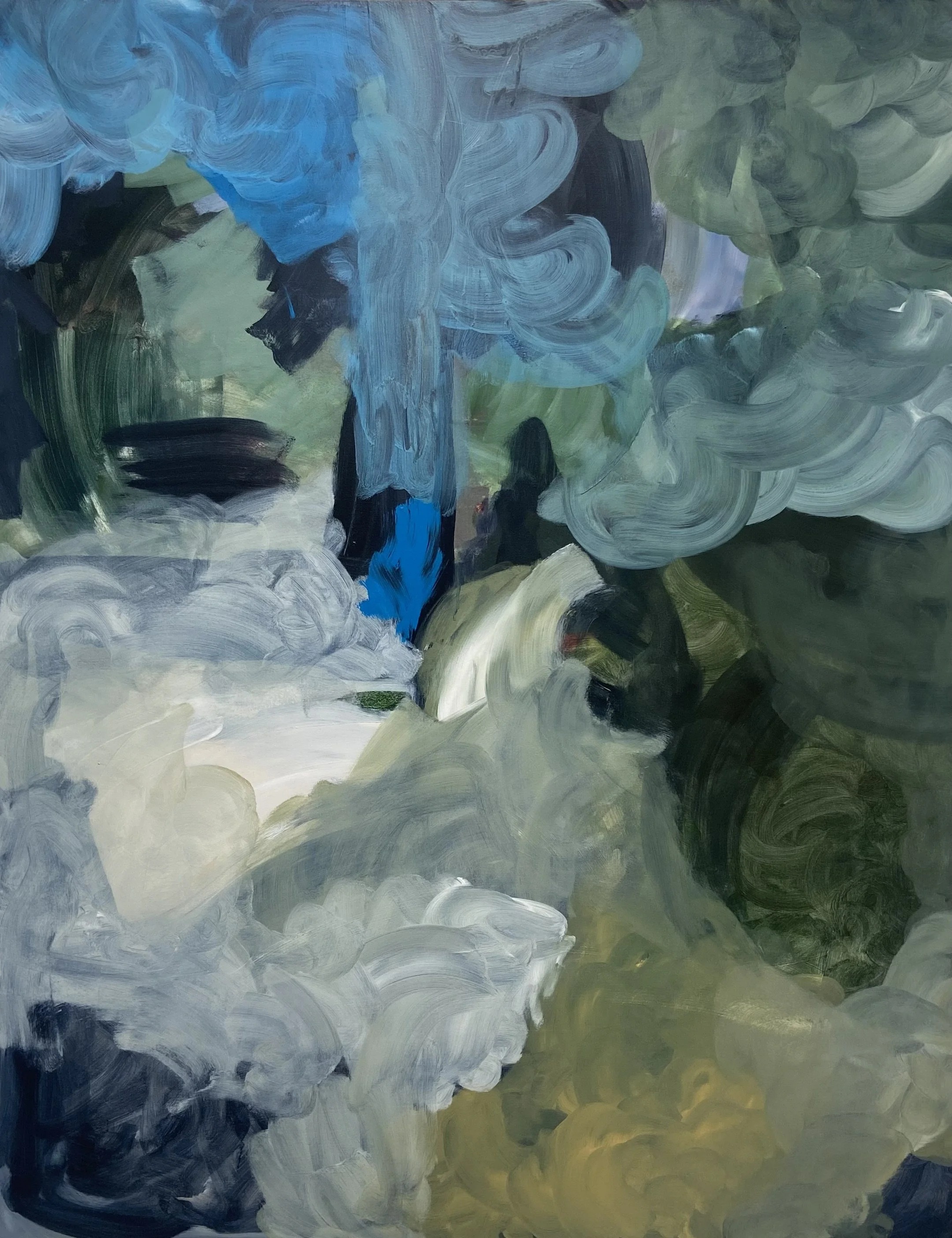 Abstract painting with swirling brushstrokes in shades of blue, green, black, white, and yellow.