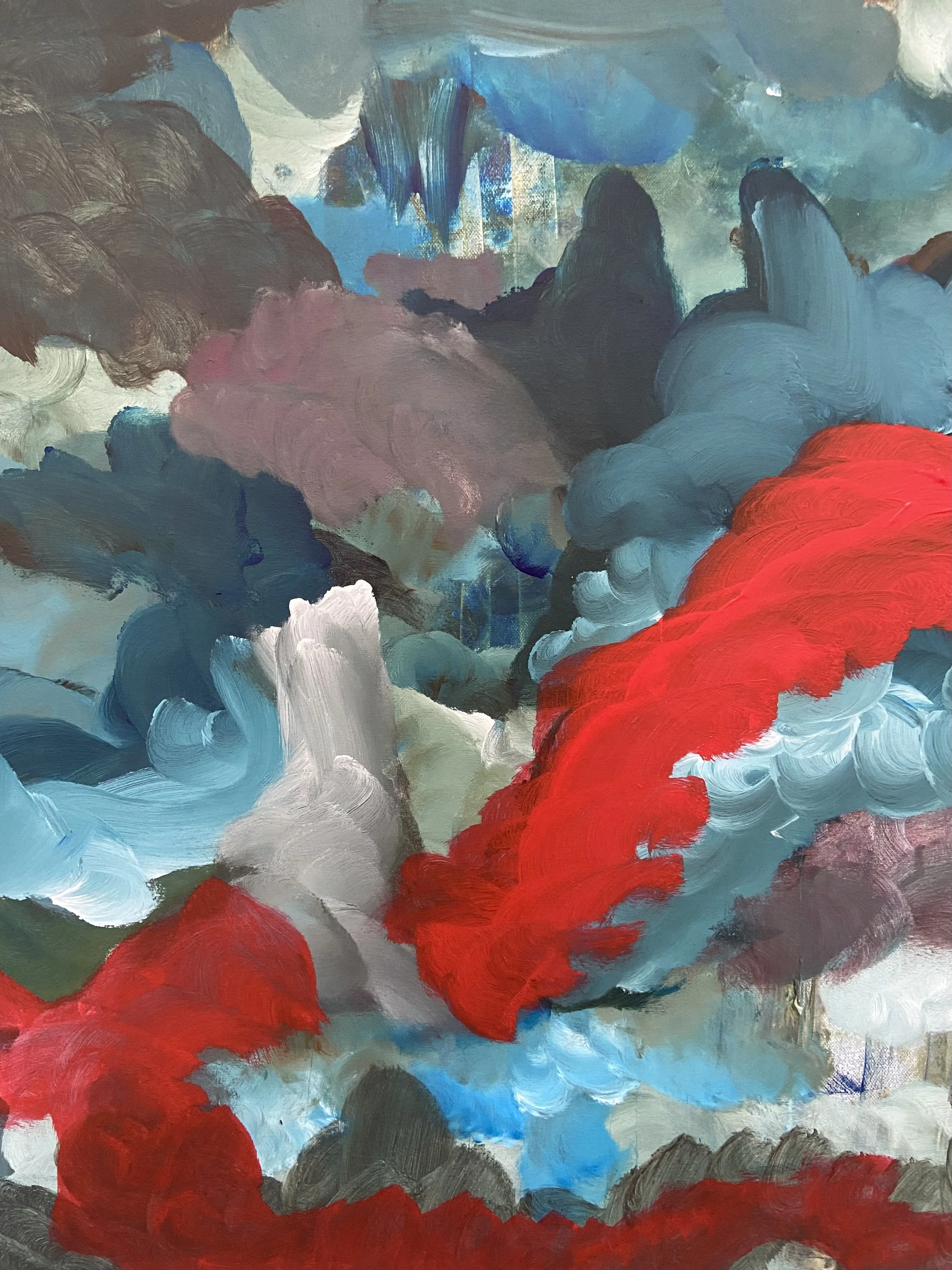 Abstract painting with swirling clouds of red, blue, gray, black, white, pink, and hints of green, creating a dynamic and colorful composition.