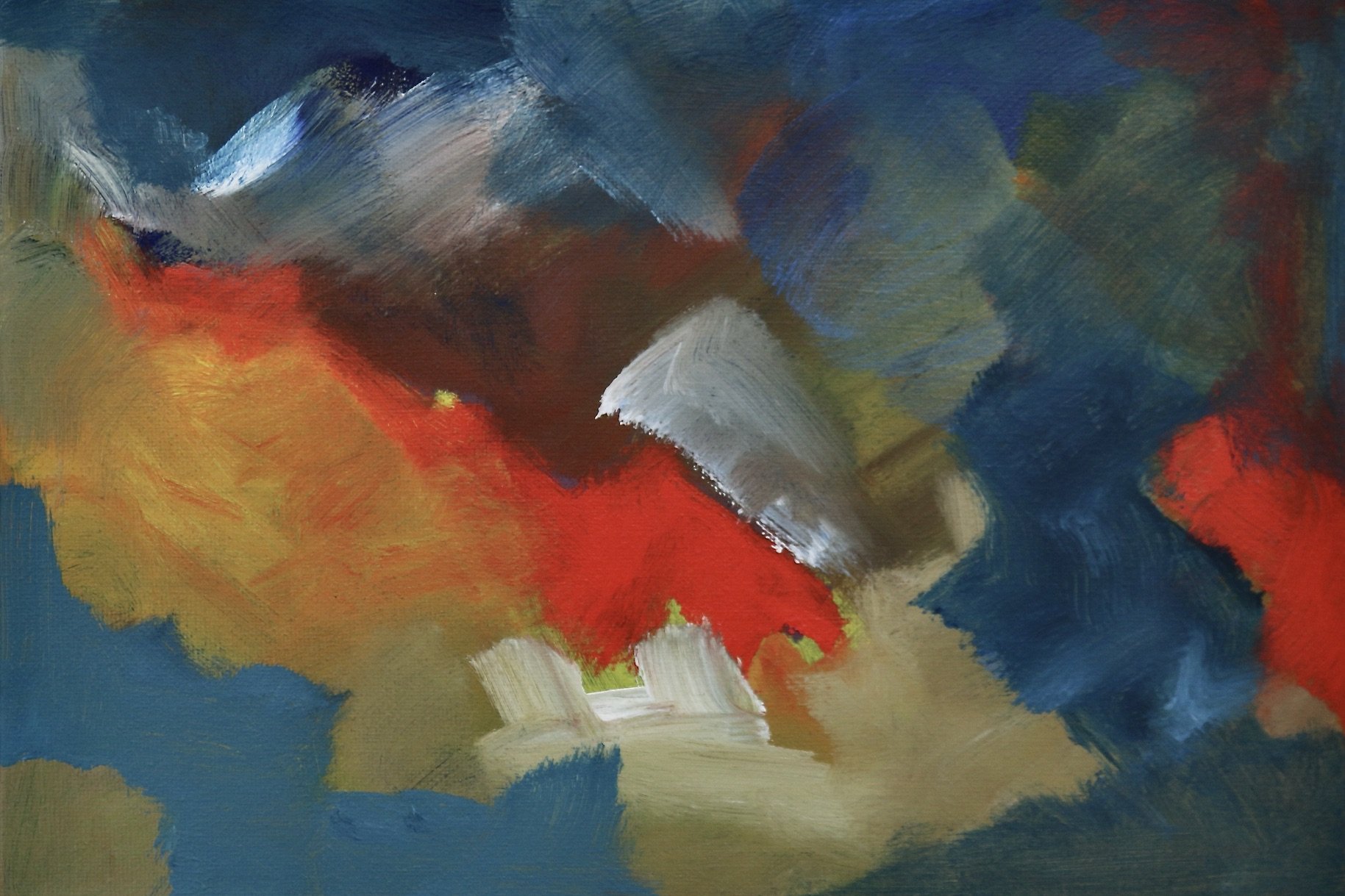 An abstract painting with bold strokes of blue, red, yellow, white, gray, and black colors.