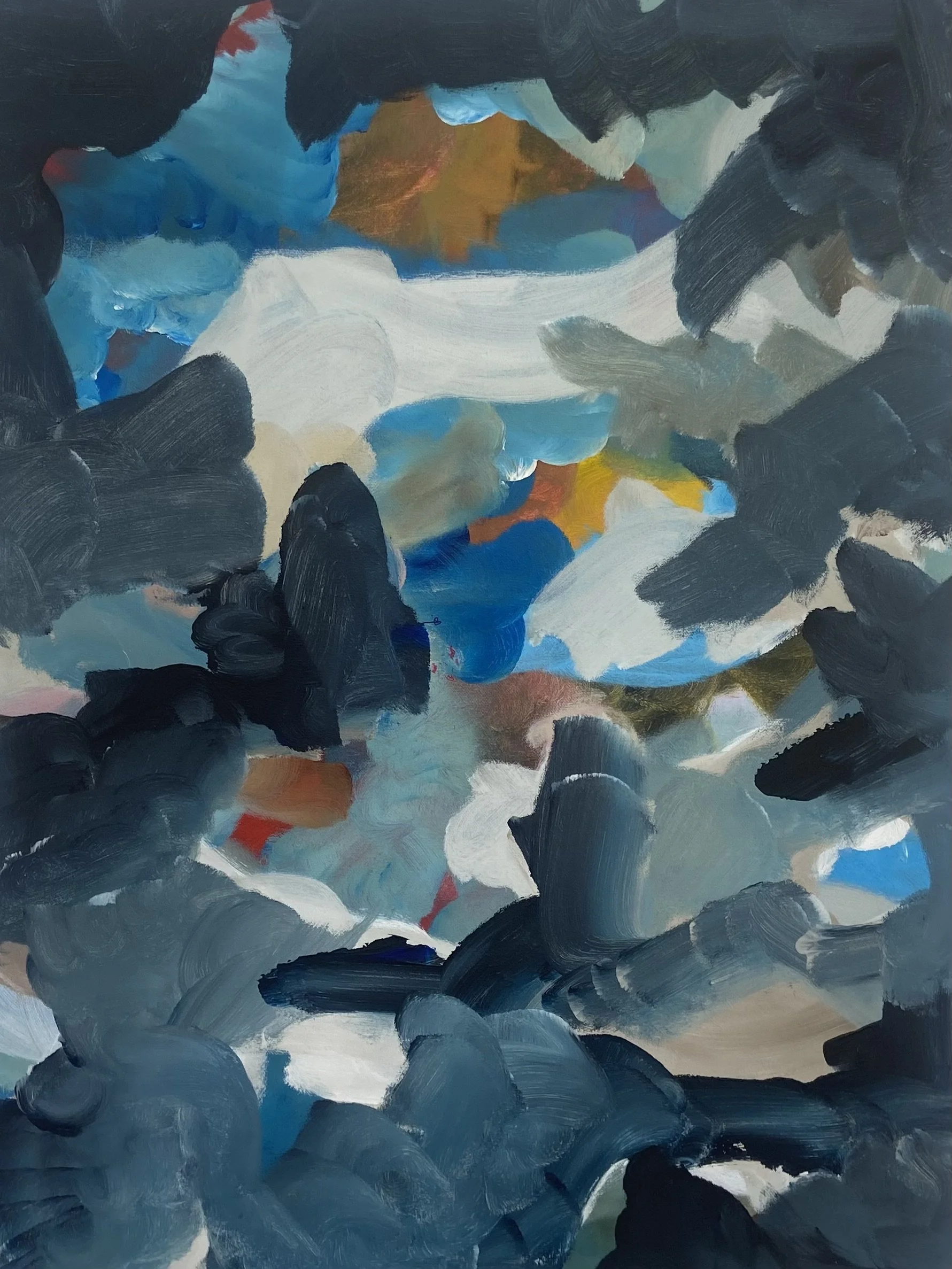 Abstract painting with bold, sweeping brushstrokes in shades of blue, black, white, brown, yellow, and hints of red.