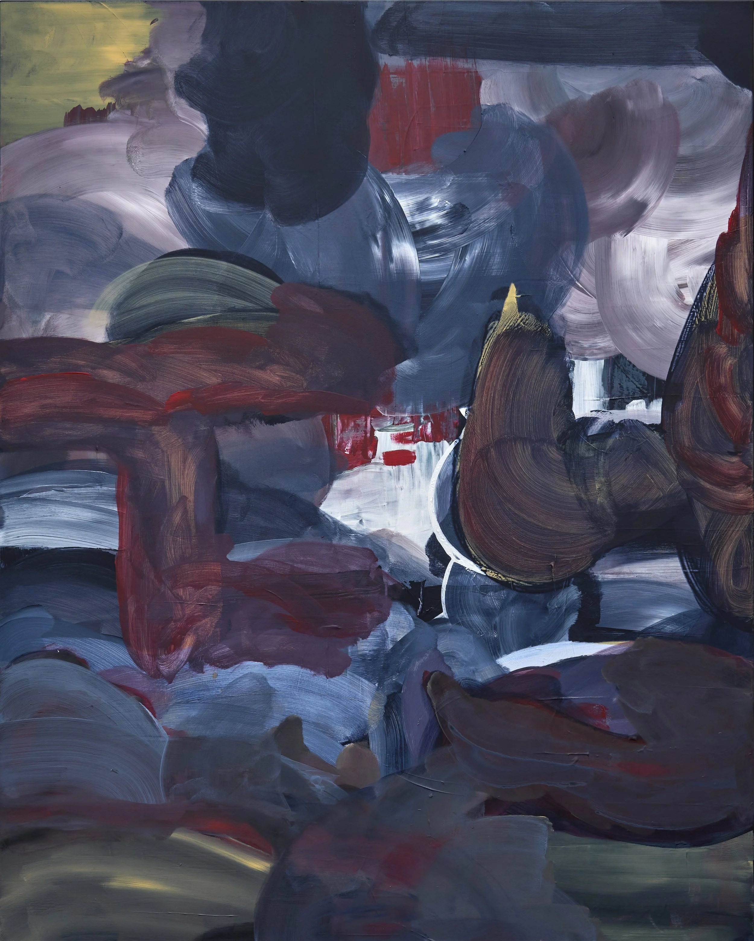 Abstract painting with large swirling strokes in dark blues, reds, pinks, grays, and some yellow highlights.