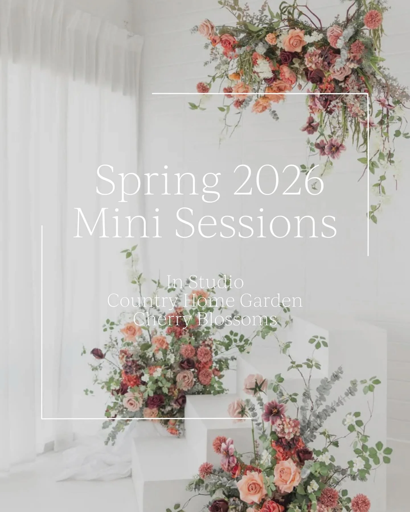 JUST ANNOUNCED: Spring mini sessions have bloomed! So excited for three unique, one-day-only experiences in studio, outdoors in curated country home gardens, or amongst stunning cherry blossoms. 

Option One: In Studio - Saturday, April 4, 2026
2:30 