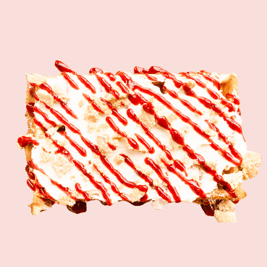 Baker Blast: cheesecake spread, switchbacks of berry syrup, graham cracker crumble
