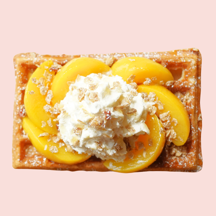 🍑(PEACH EMOJI): sliced peaches, maple-pecan oat crumble, honey drizzle, whipped cream