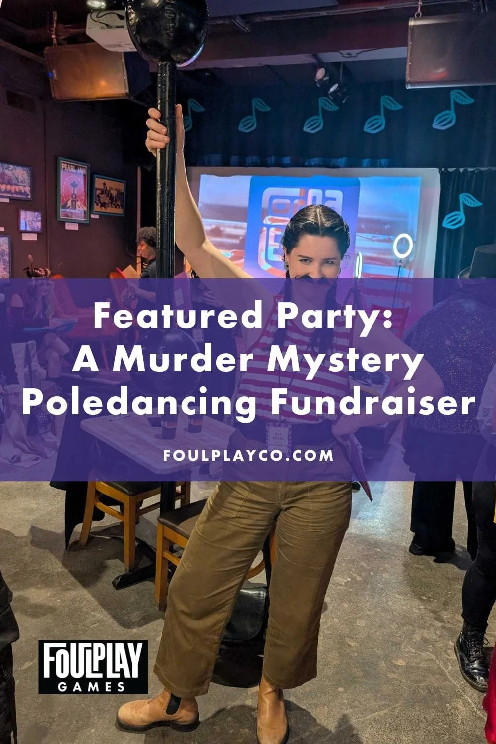 A Pinterest cover depicting a murder mystery party attendee wearing a red striped shirt, fake mustache, and holding a strongman barbell. The text overlay reads, "Featured Party: A Murder Mystery Poledancing Fundraiser"
