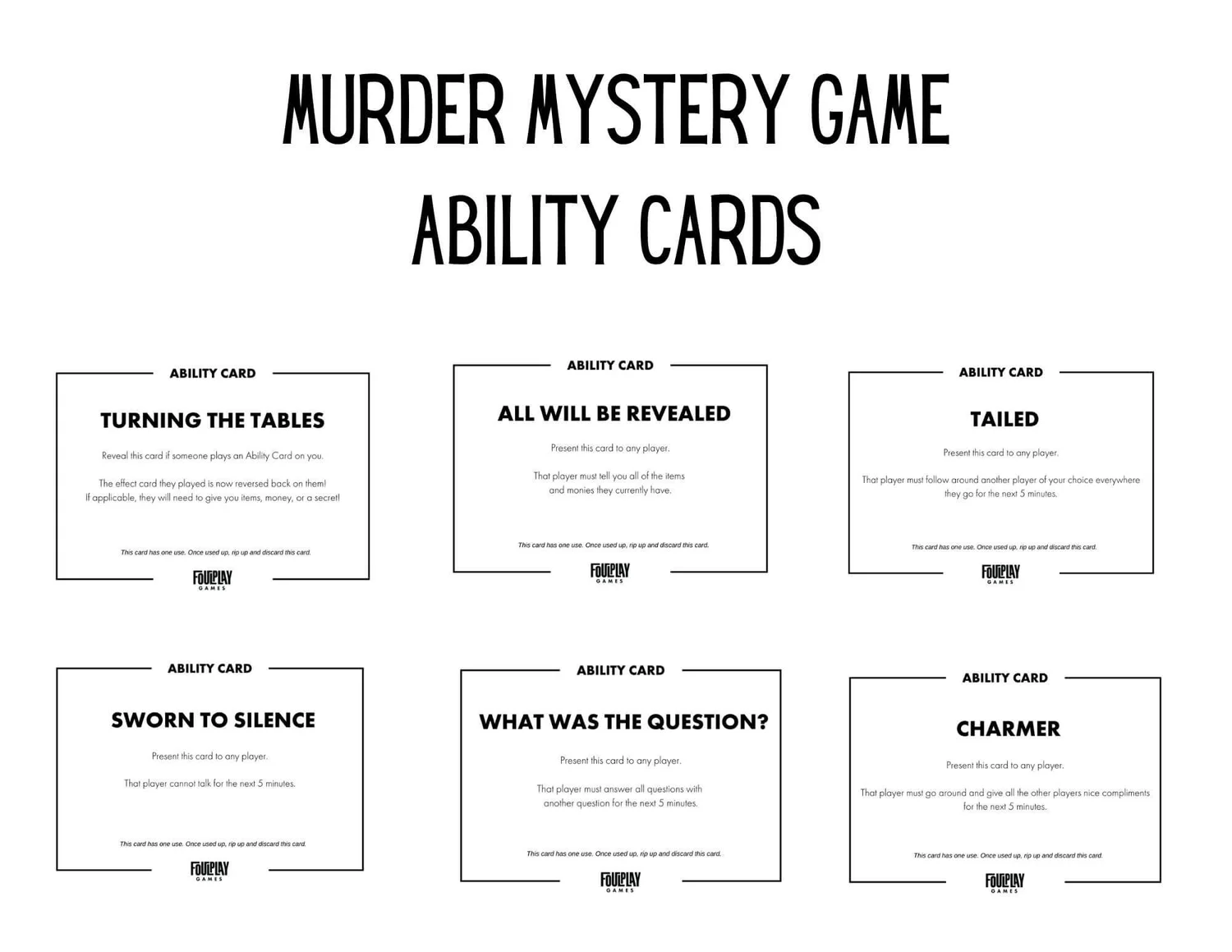 murder mystery game ability cards — foulplay games