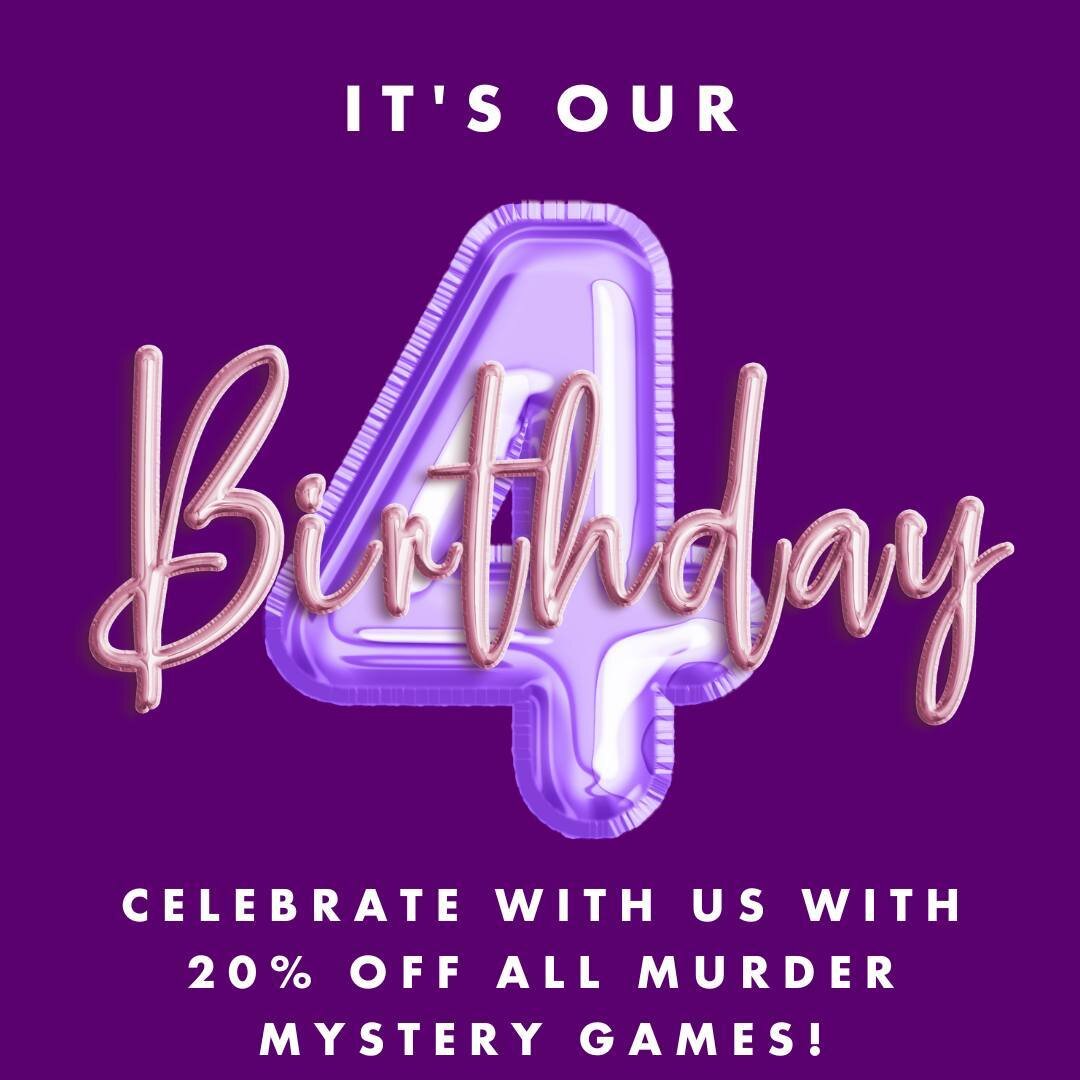 Last chance for 20% off of all murder mystery game for our birthday sale! Fantasy, sci-fi, true crime, carnival, and more, perfect for your own special occasion!
