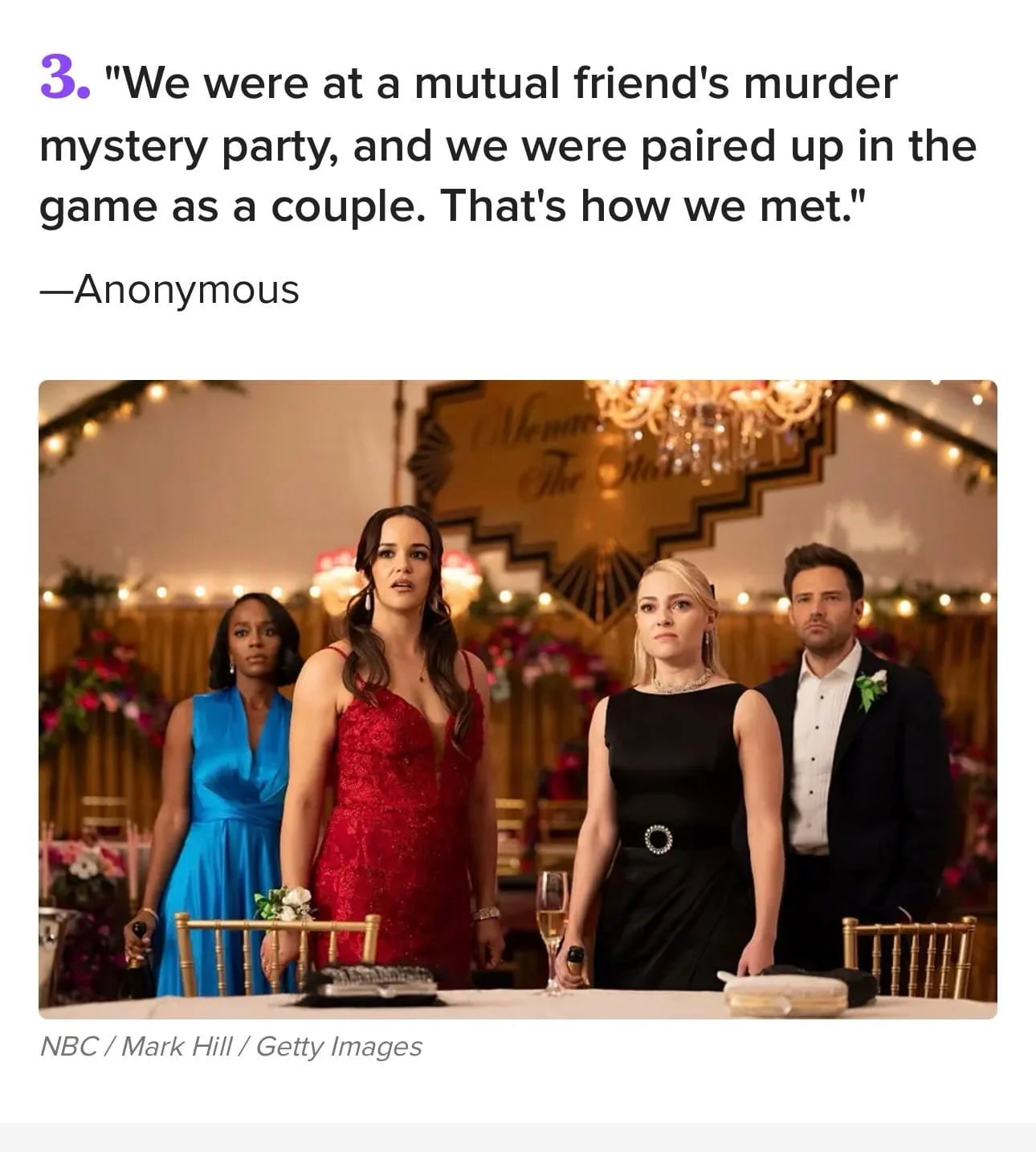  Quote reading “We were at a mutual friend's murder mystery party, and we were paired up in the game as a couple. That's how we met.” above a formal party scene resembling a murder mystery game with guests dressed in evening attire 
