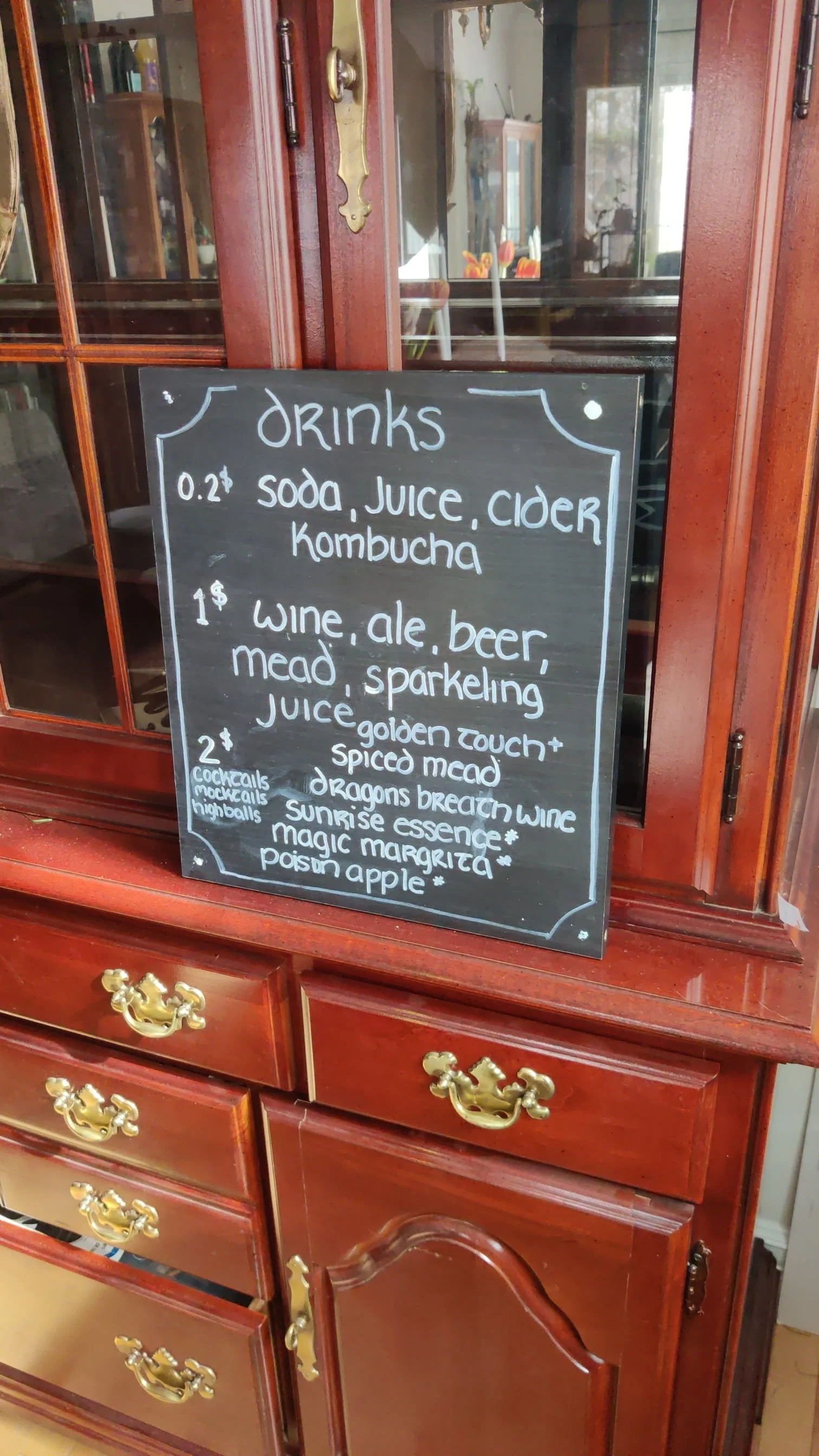 Fantasy tavern-style drink menu with wine, ale, mead, and themed cocktails for an immersive murder mystery party