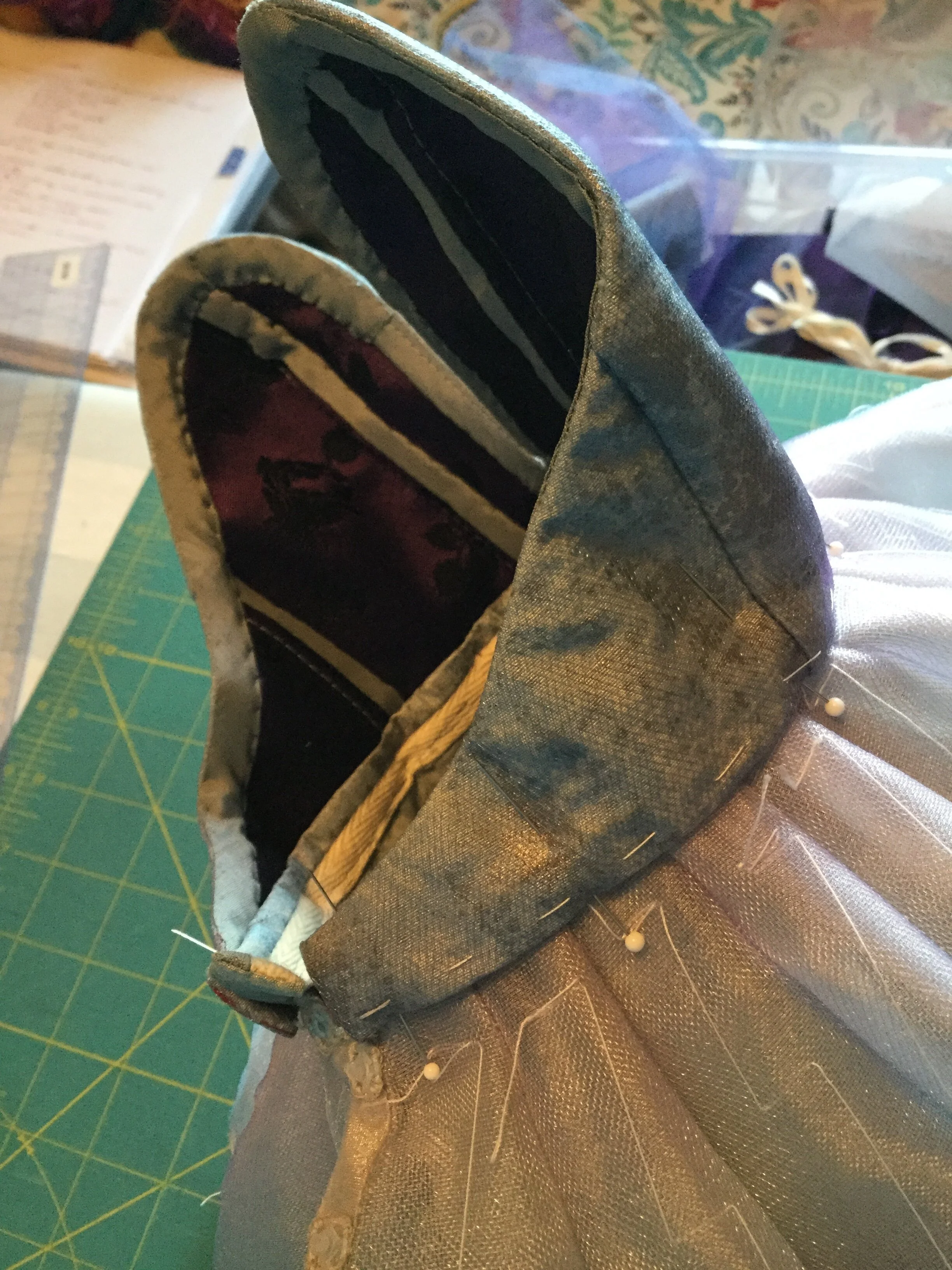 Attaching the bodice to the skirt.