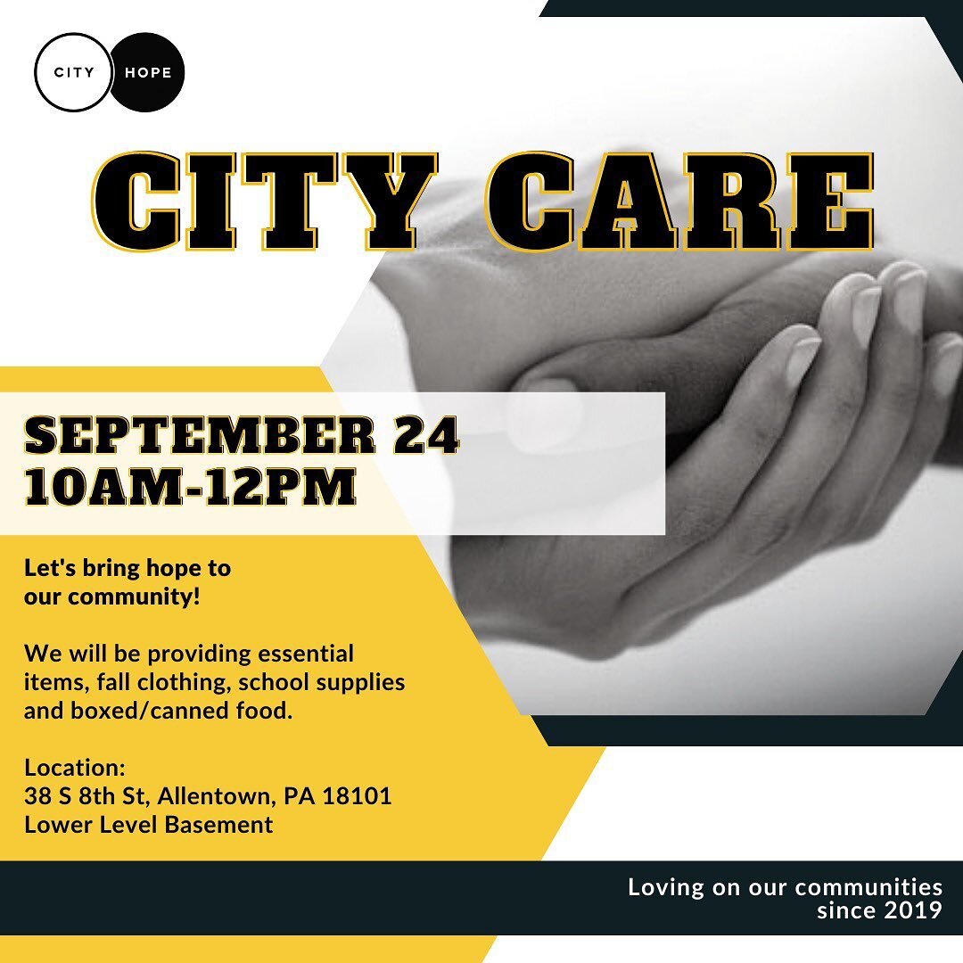 Our next City Care events is 2 weeks away! We are looking for donations and volunteers! See the graphic for details.⭐️💙
&bull;
&bull;
&bull;
&ldquo;Bringing hope to impossible situations for individuals and families.&rdquo;

#lehighvalley #community